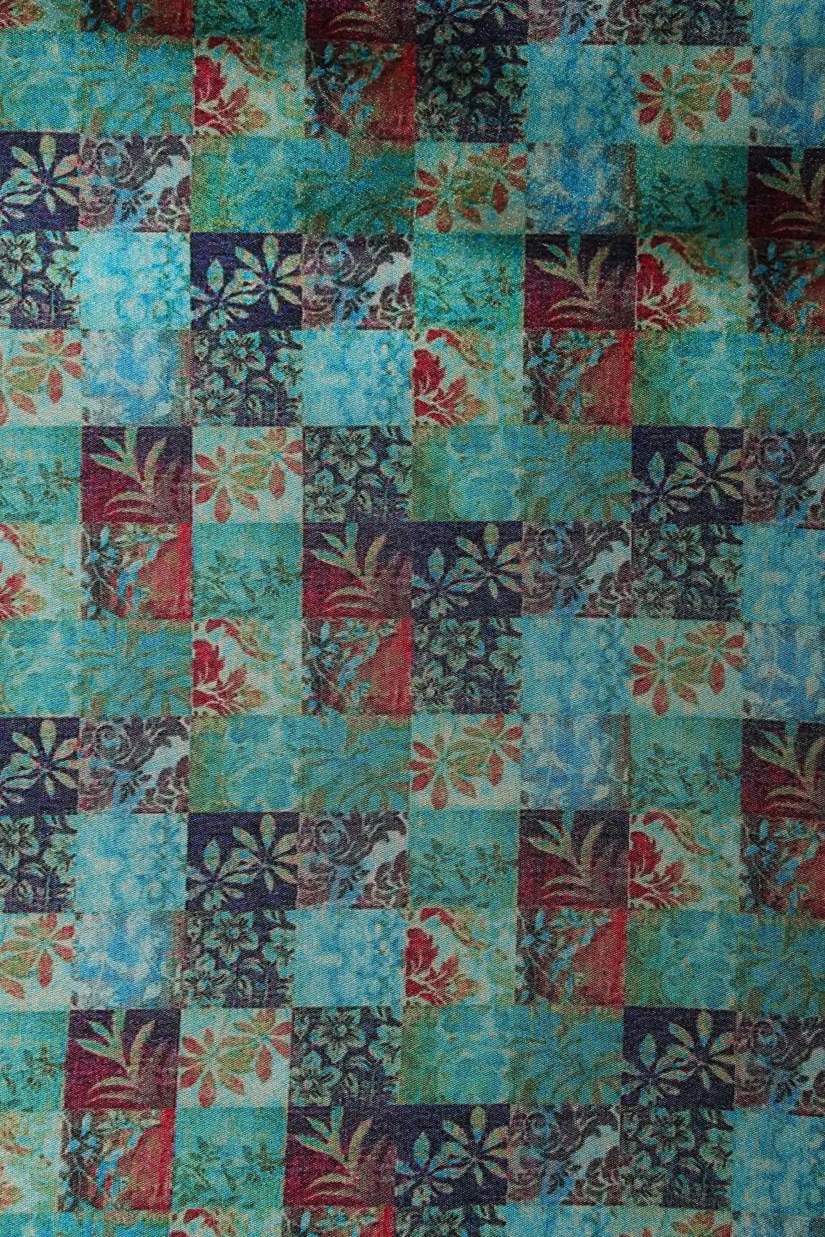 Turquoise And Red Floral Checks Pattern Digital Print On Satin Fabric - doeraa