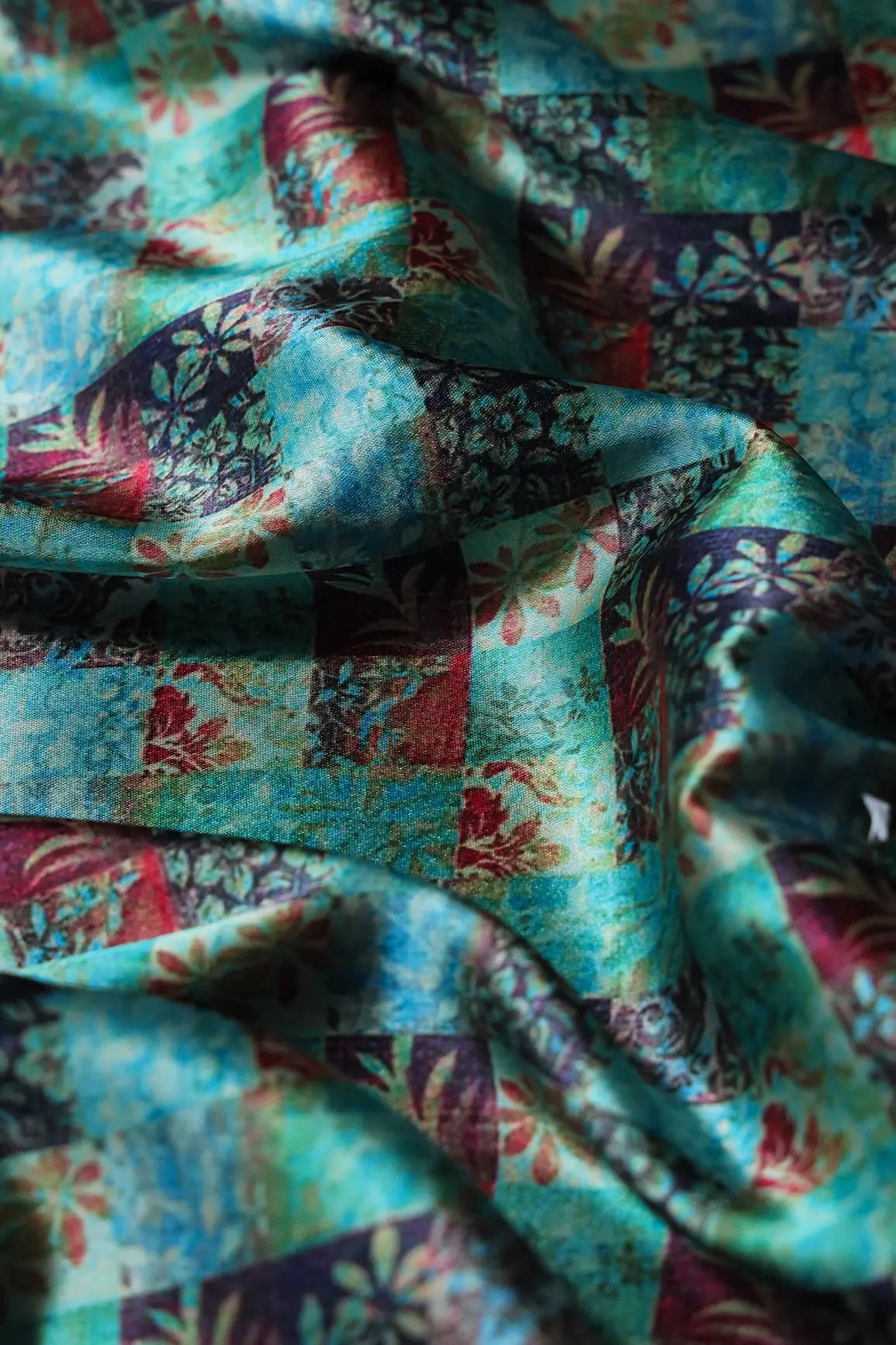 Turquoise And Red Floral Checks Pattern Digital Print On Satin Fabric - doeraa