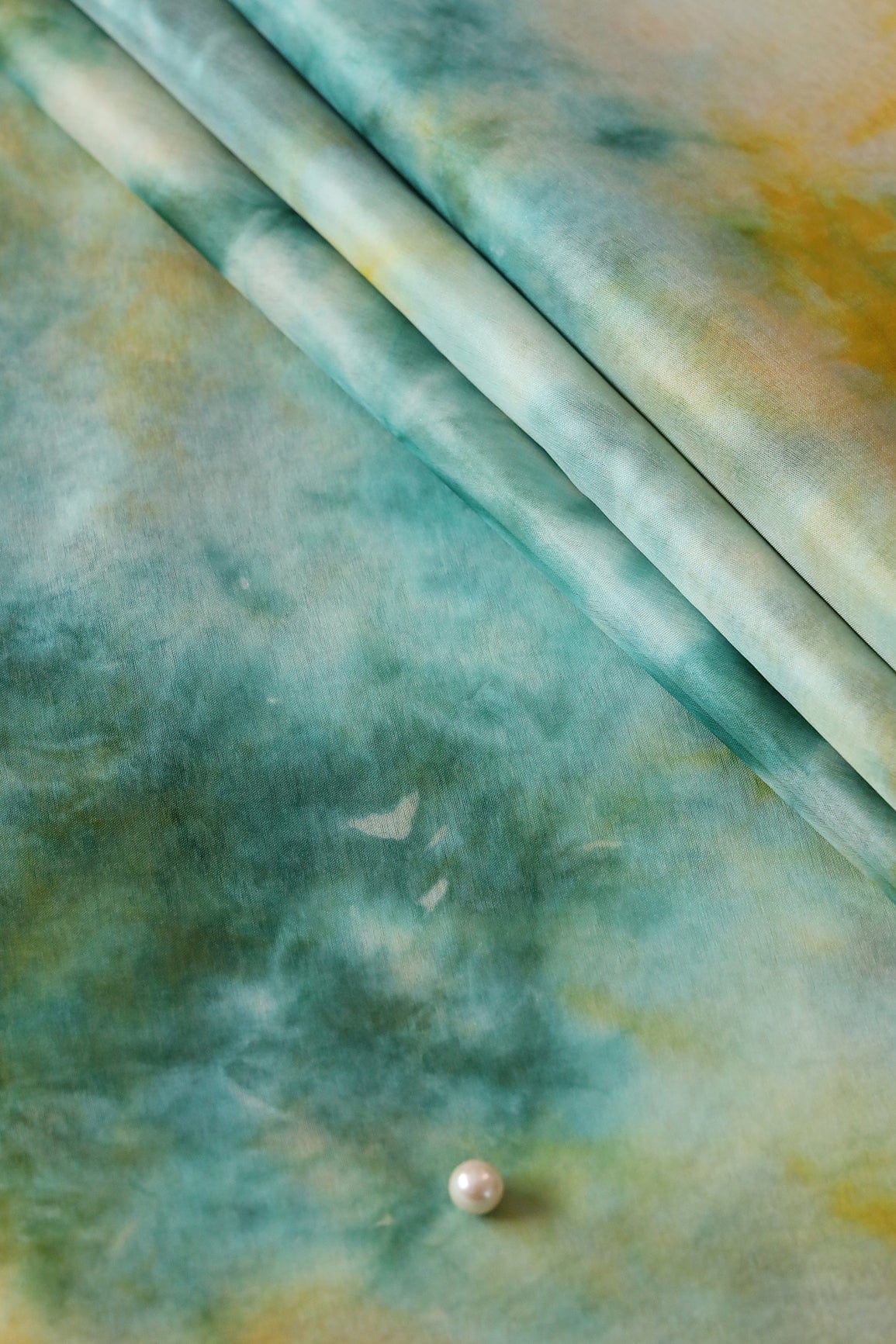 Turquoise And Yellow Tie & Dye Shibori Print On Organza Fabric - doeraa