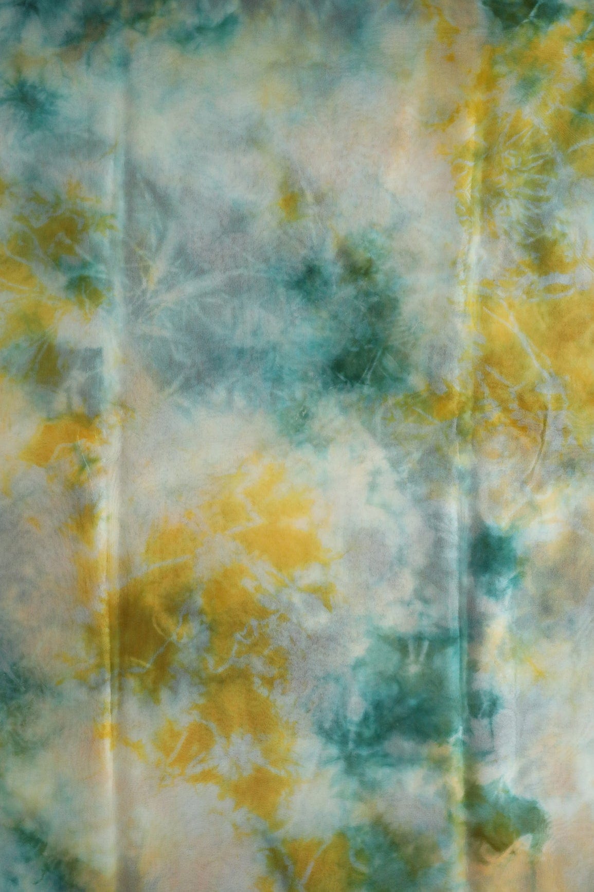 Turquoise And Yellow Tie & Dye Shibori Print On Organza Fabric - doeraa