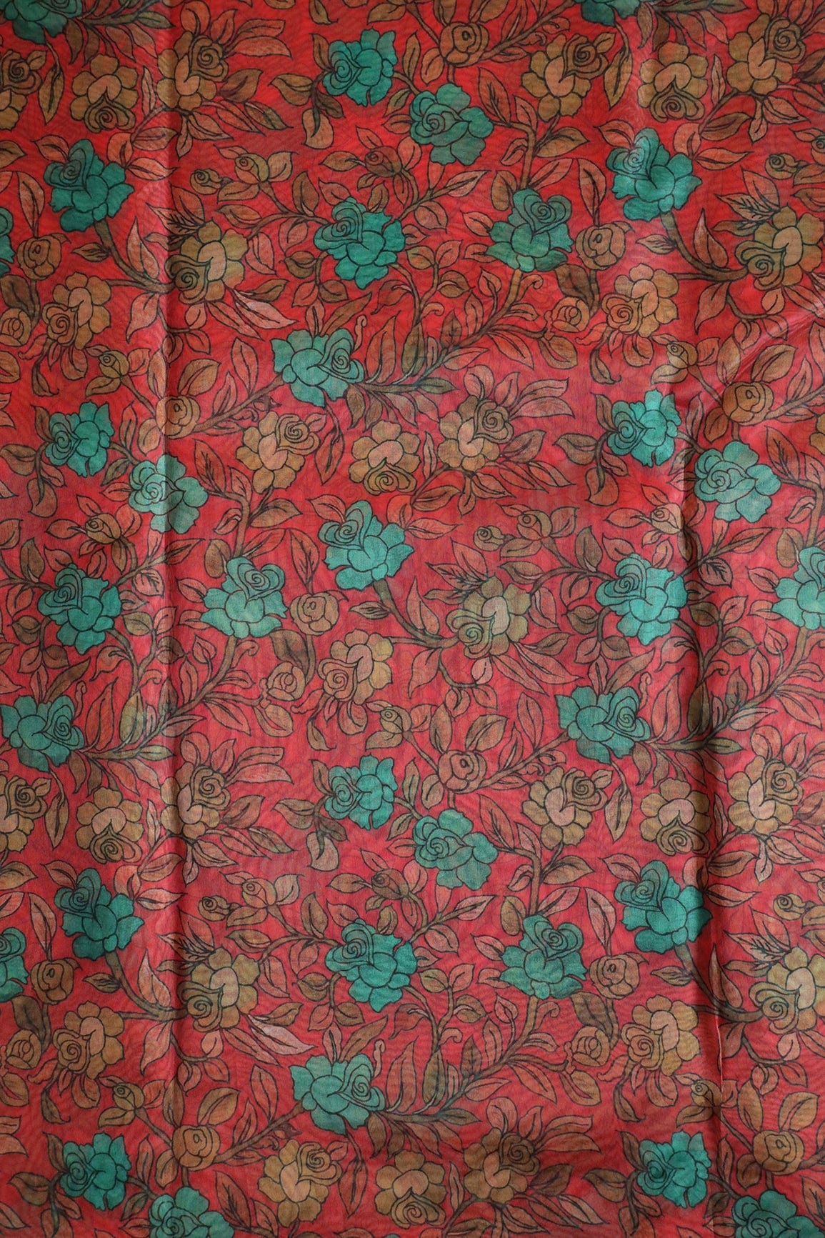 Turquoise Floral Digital Print On Red Organza Fabric - doeraa