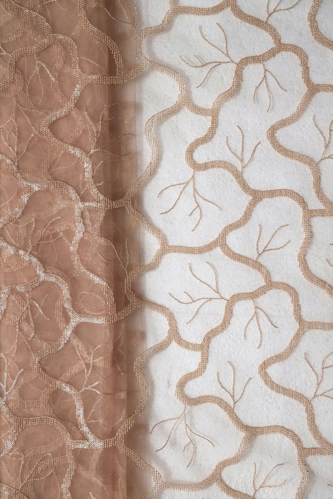 Water Sequins Abstract Embroidery On Beige Soft Net Fabric - doeraa