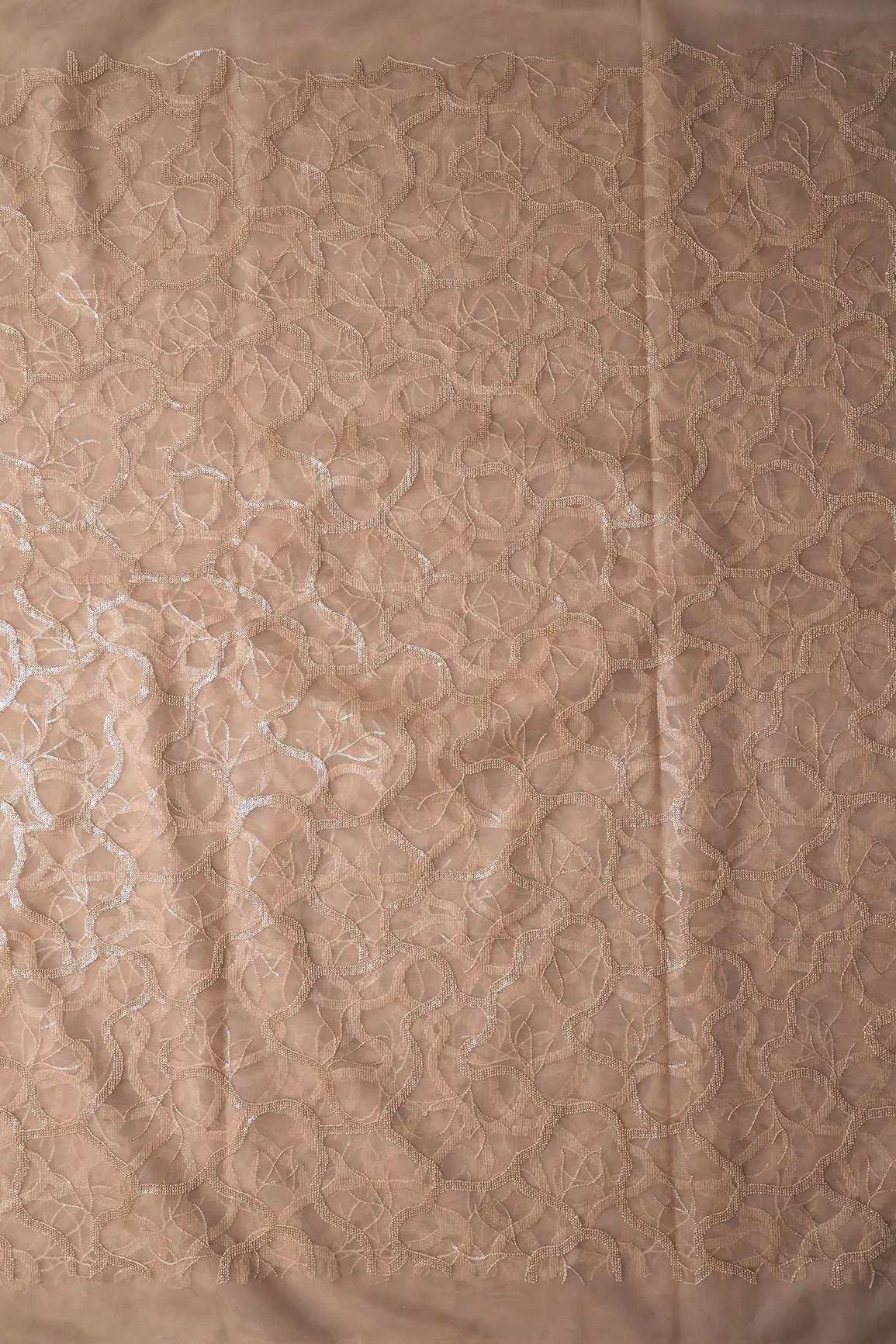 Water Sequins Abstract Embroidery On Beige Soft Net Fabric - doeraa