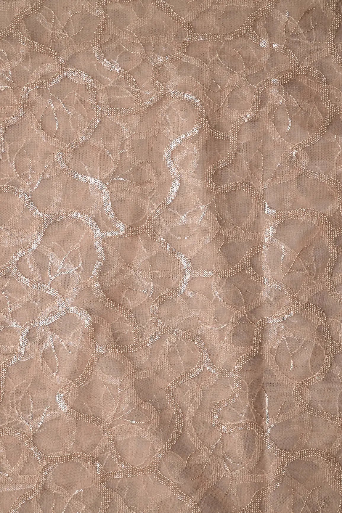 Water Sequins Abstract Embroidery On Beige Soft Net Fabric - doeraa