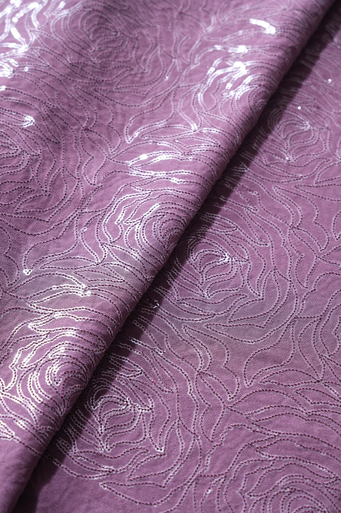 Water Sequins Floral Heavy Embroidery On Viola Purple Viscose Georgette Fabric - doeraa