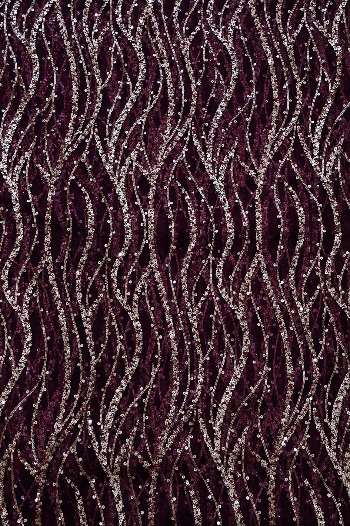 Wavy Gold Sequins Embroidery on Wine Soft Net Fabric - doeraa