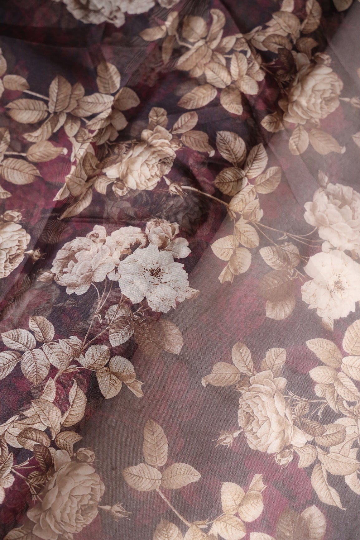White And Brown Floral Digital Print On Dark Wine Organza Fabric - doeraa