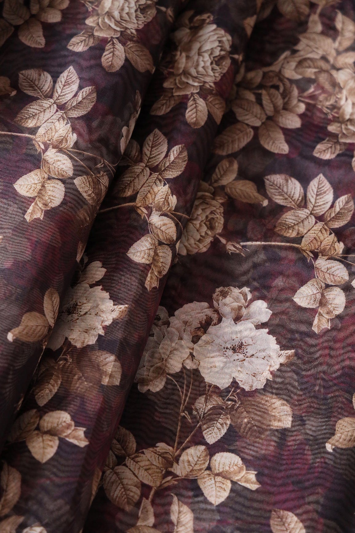 White And Brown Floral Digital Print On Dark Wine Organza Fabric - doeraa