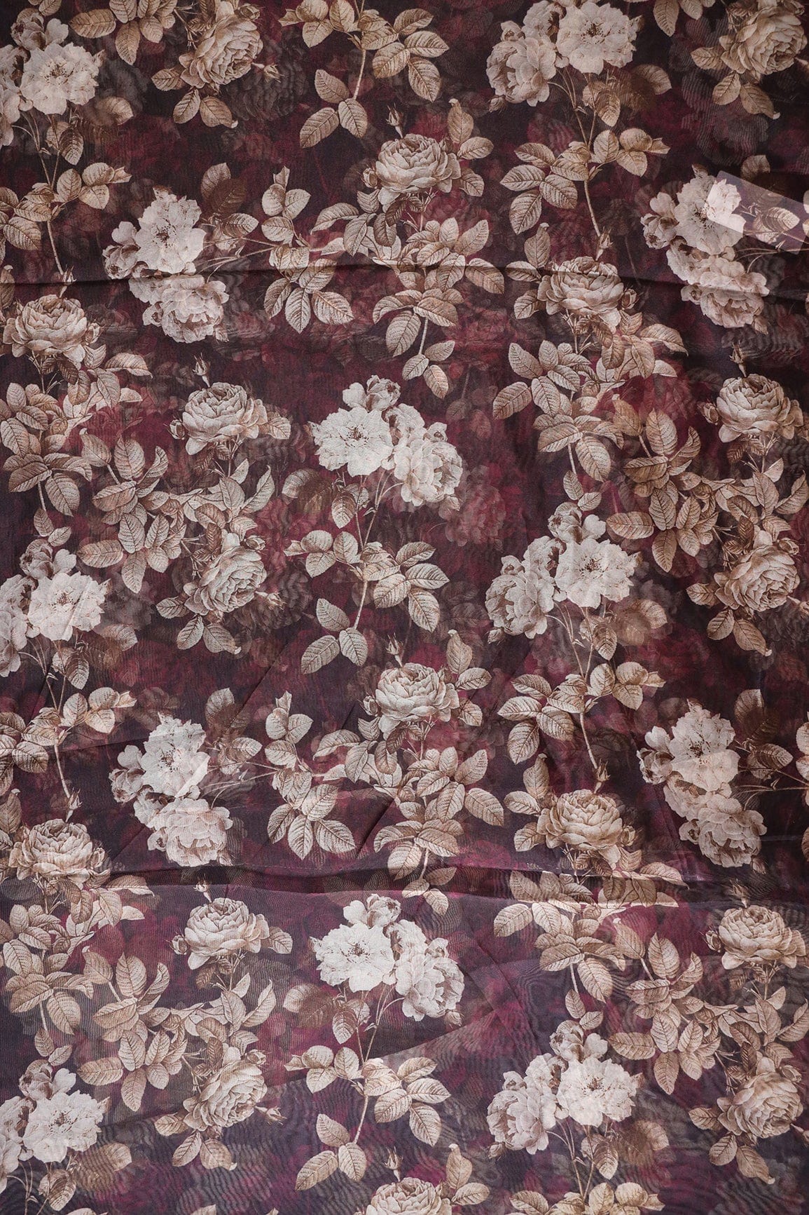 White And Brown Floral Digital Print On Dark Wine Organza Fabric - doeraa