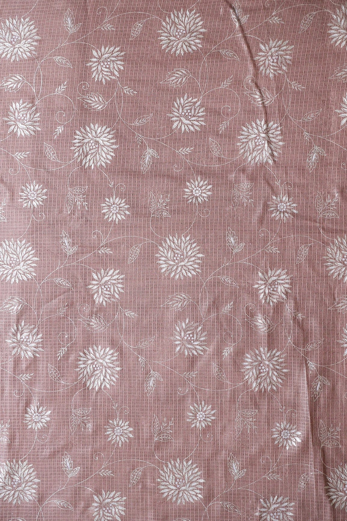 White And Brown Floral Foil Print Kota Doria Net Fabric - doeraa