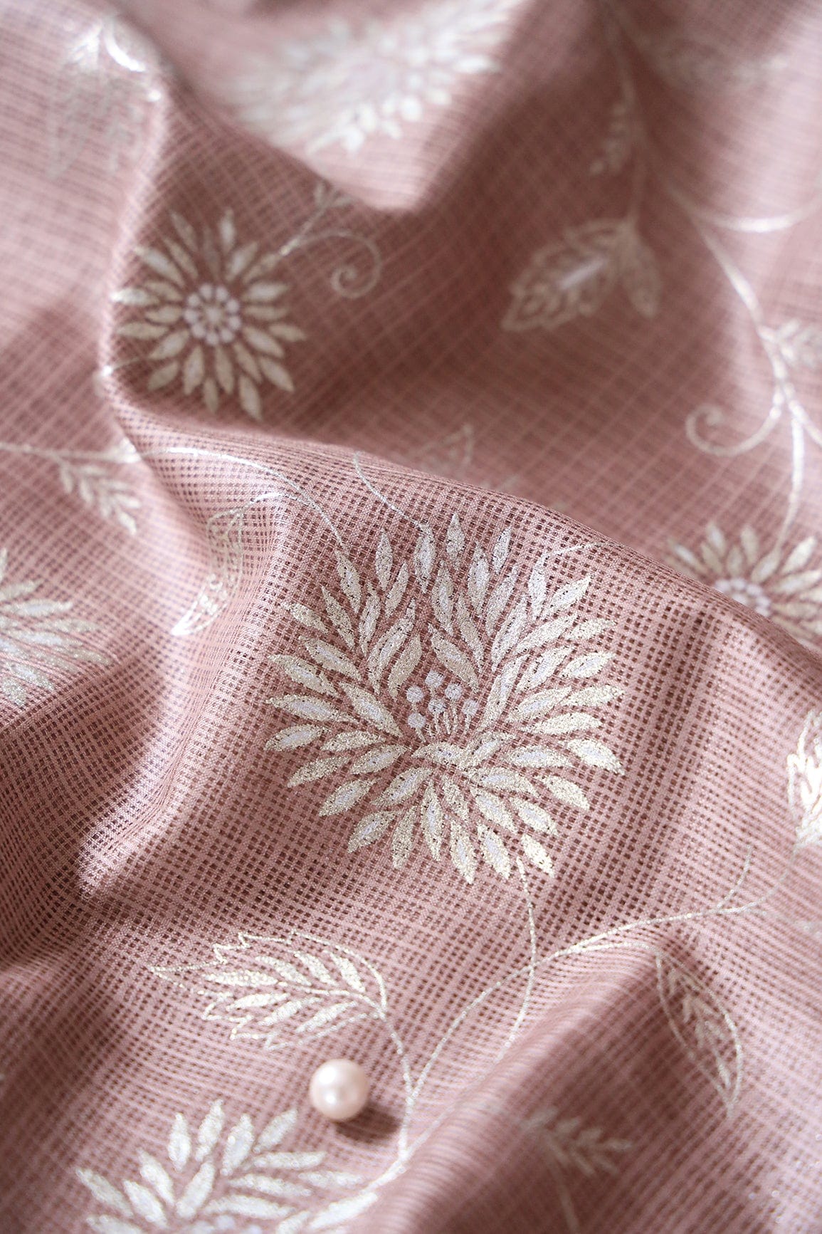 White And Brown Floral Foil Print Kota Doria Net Fabric - doeraa