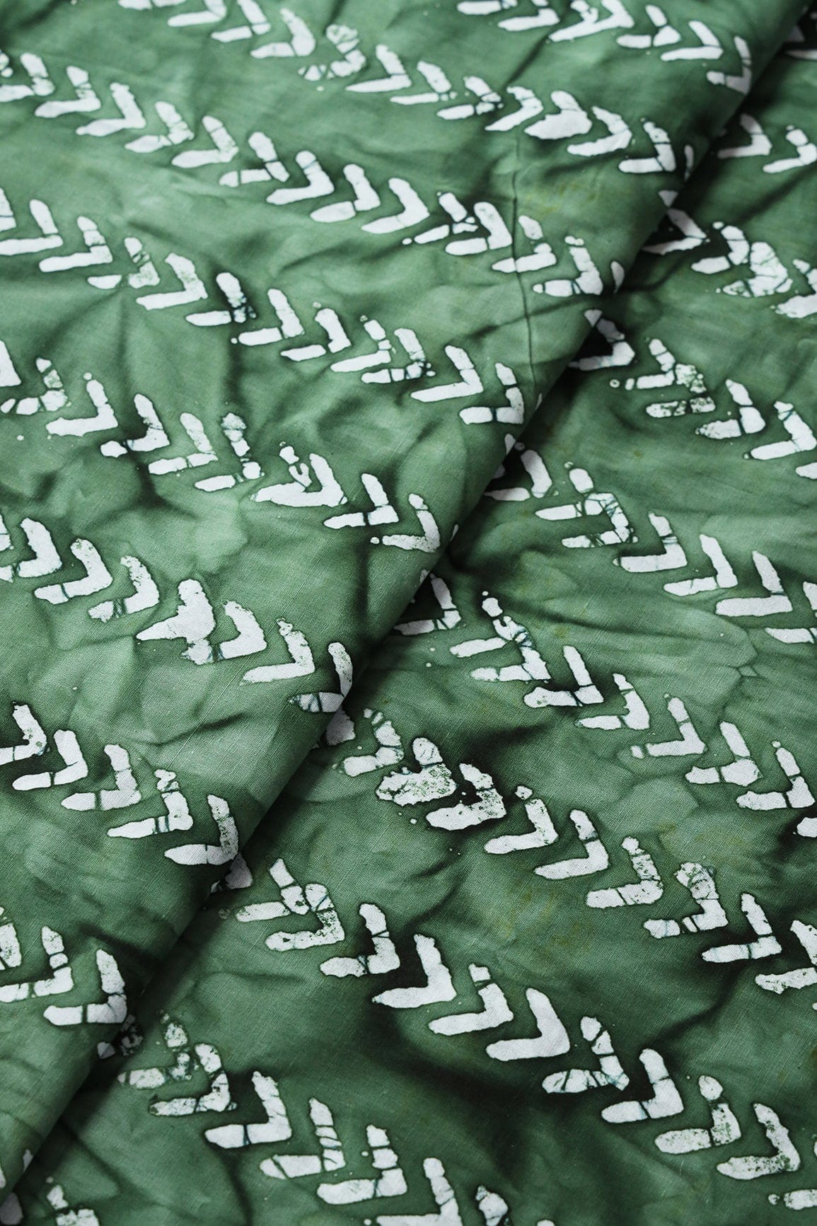 White And Green Geometric Pattern Batik Handblock Organic Cotton Fabric - doeraa