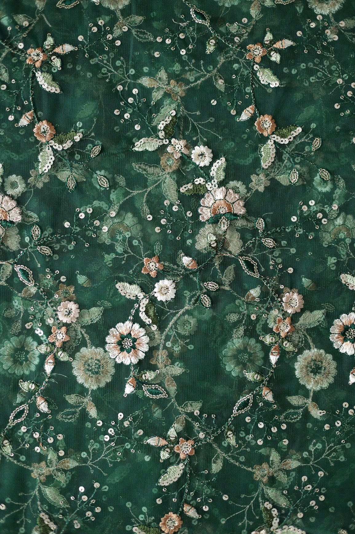 White And Green Thread With Gold Sequins Floral Embroidery Work On Bottle Green Soft Net Fabric - doeraa
