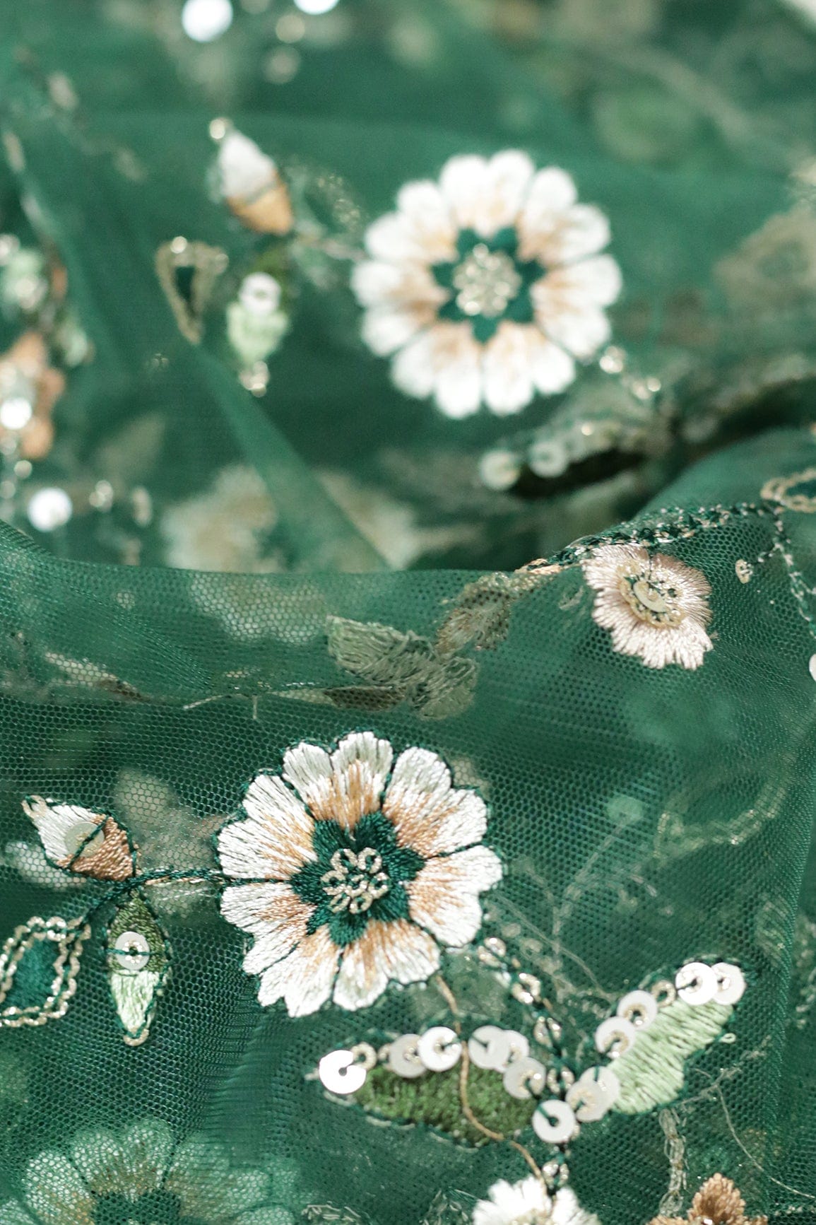 White And Green Thread With Gold Sequins Floral Embroidery Work On Bottle Green Soft Net Fabric - doeraa