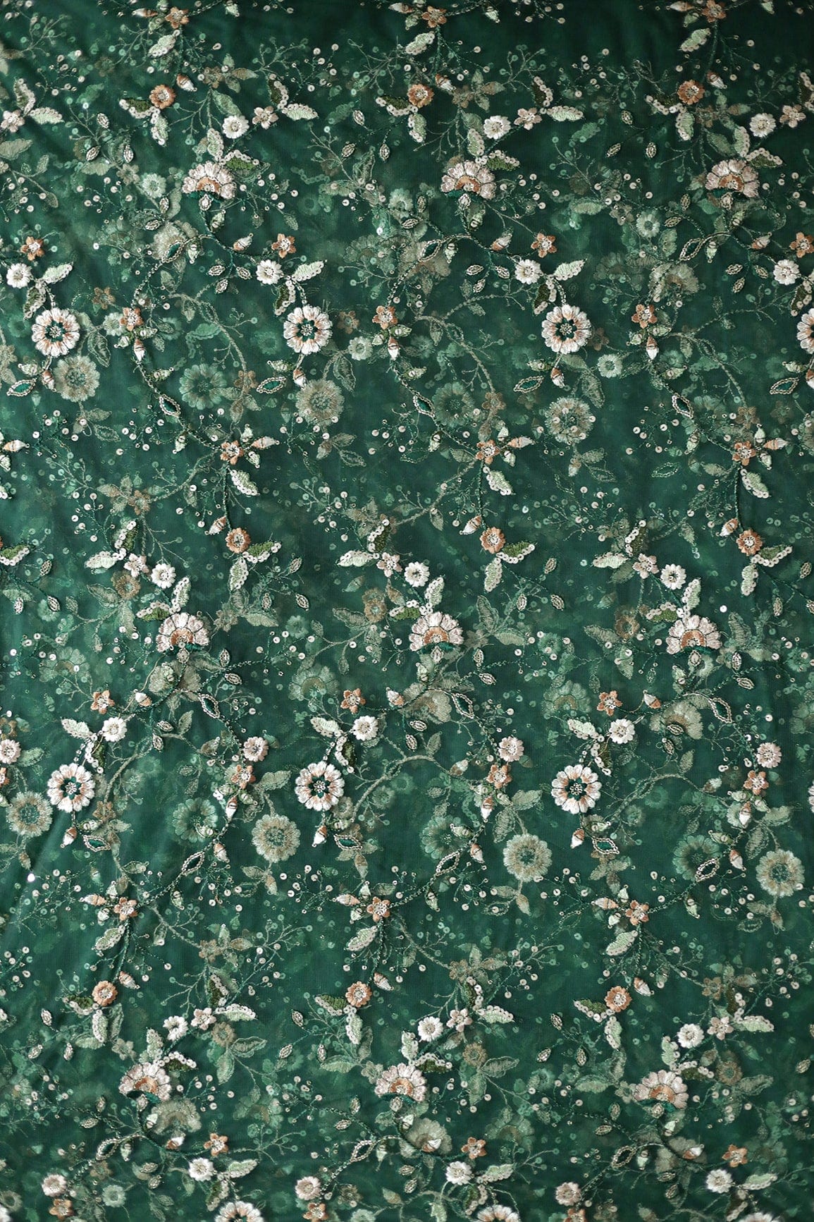 White And Green Thread With Gold Sequins Floral Embroidery Work On Bottle Green Soft Net Fabric - doeraa
