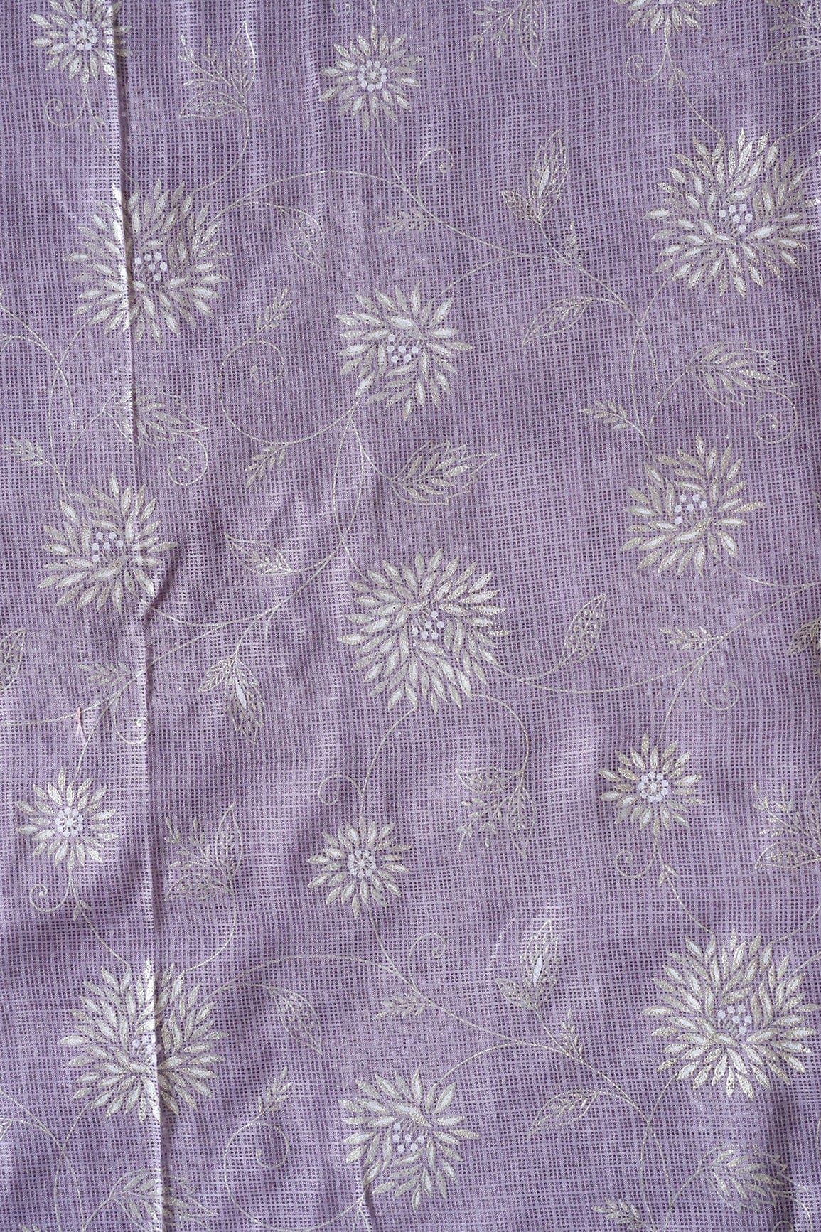 White And Lavender Floral Foil Print Kota Doria Net Fabric - doeraa