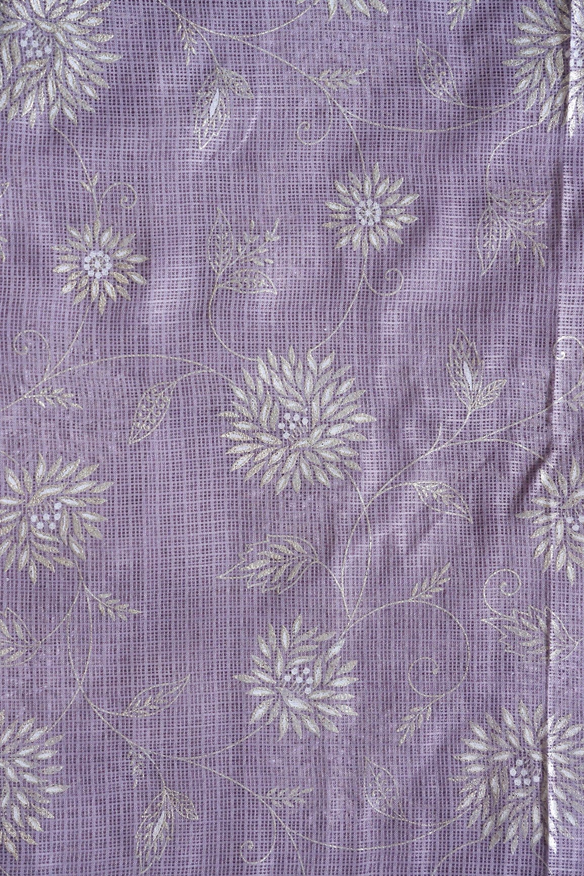 White And Lavender Floral Foil Print Kota Doria Net Fabric - doeraa