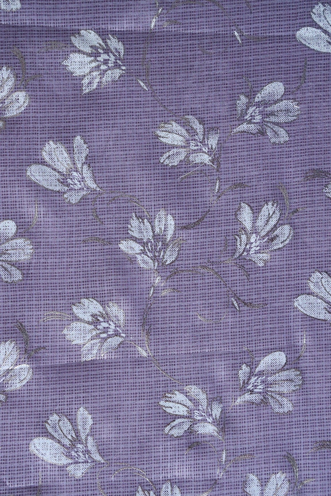 White And Lavender Floral Foil Print Kota Doria Net Fabric - doeraa