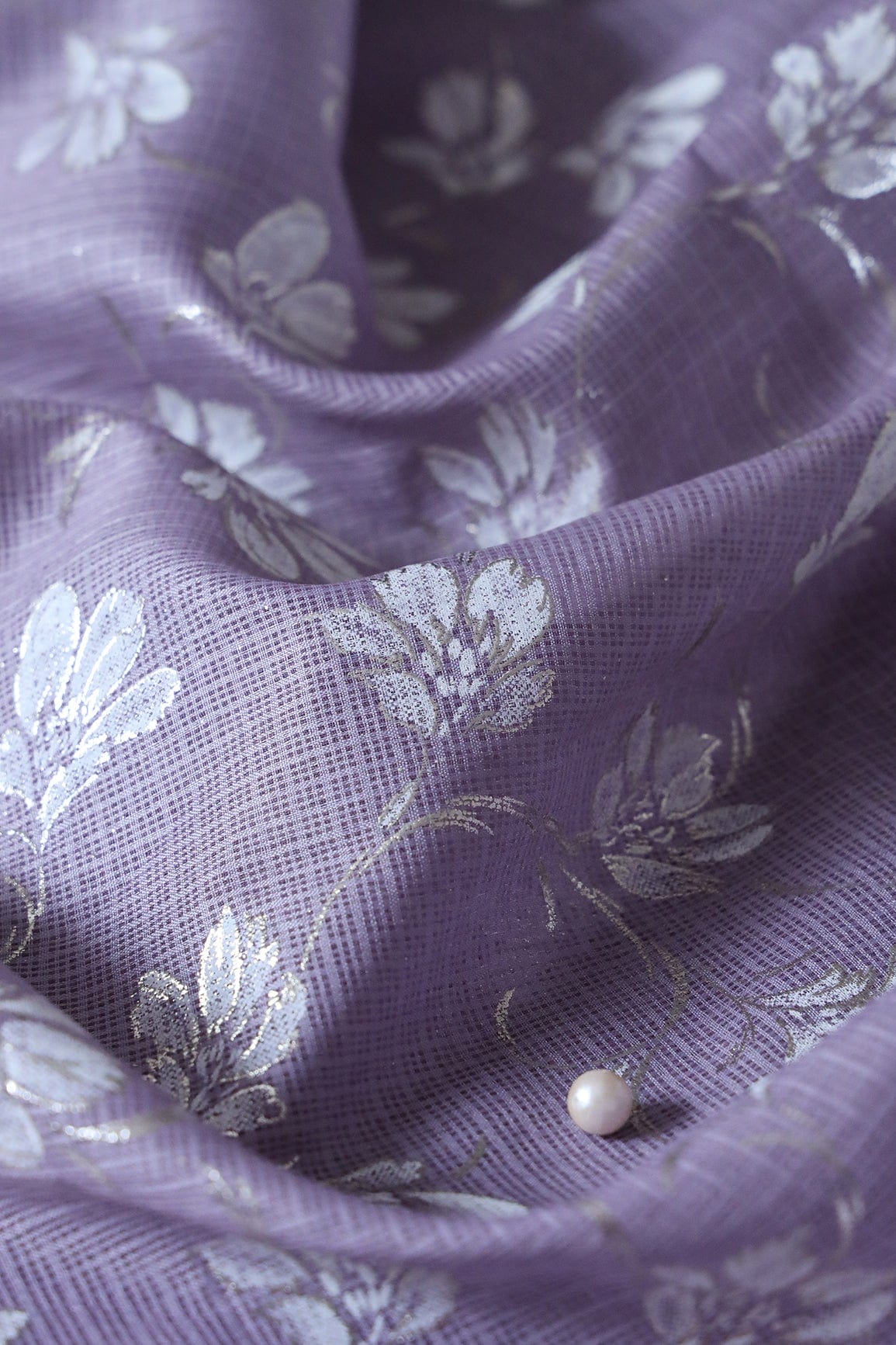 White And Lavender Floral Foil Print Kota Doria Net Fabric - doeraa