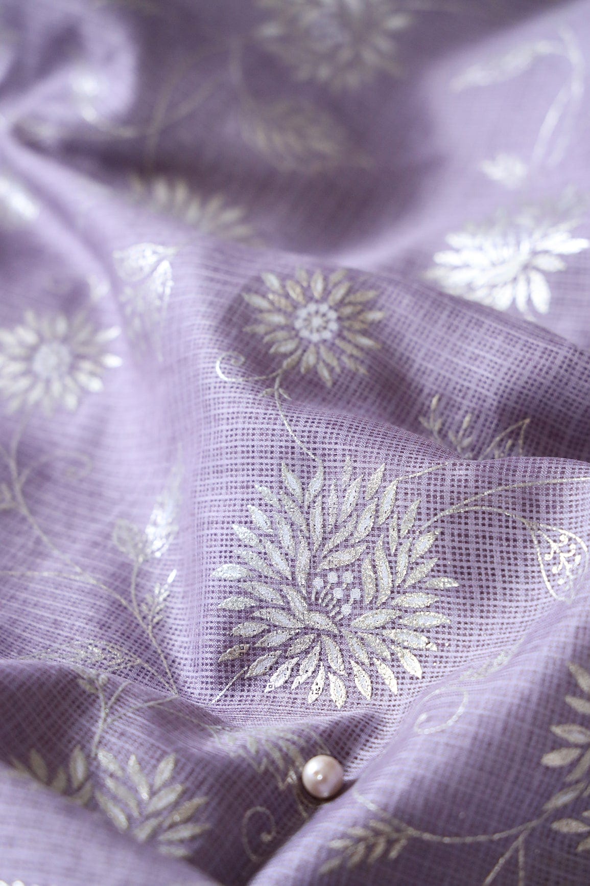 White And Lavender Floral Foil Print Kota Doria Net Fabric - doeraa