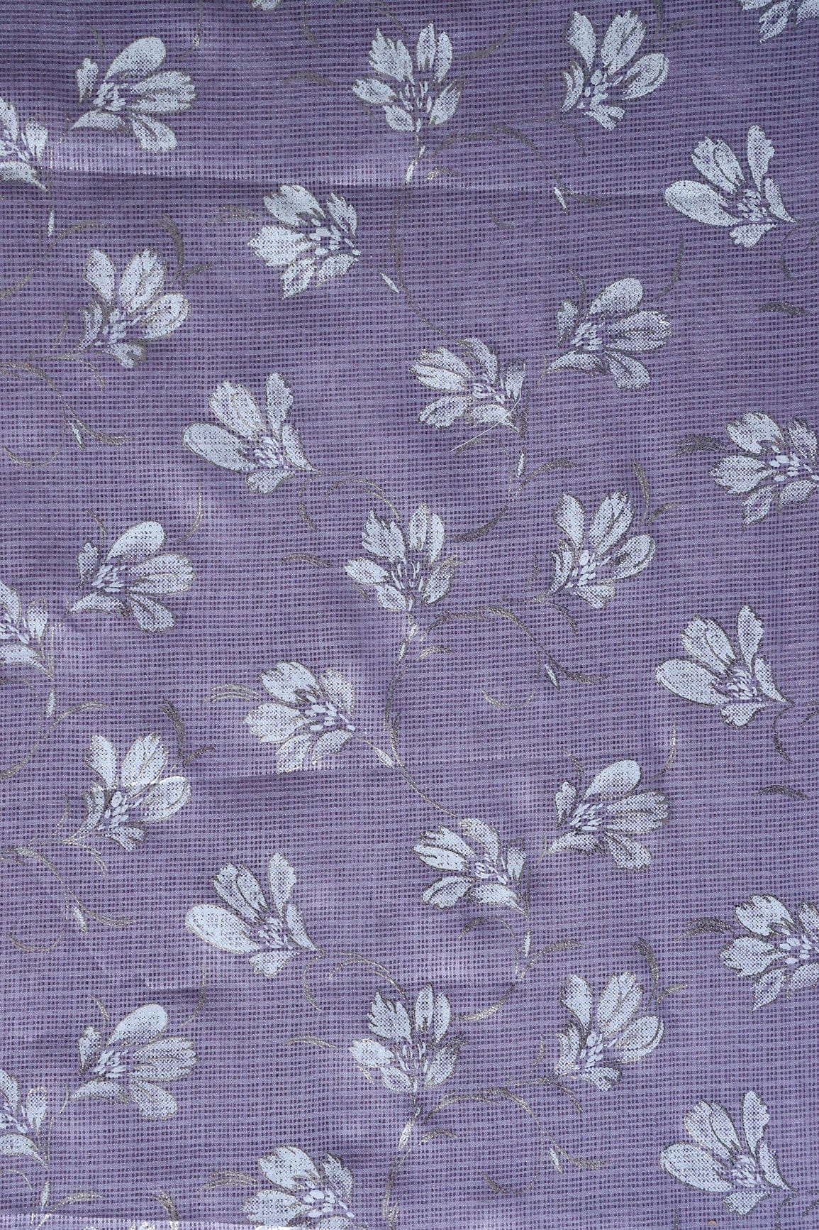 White And Lavender Floral Foil Print Kota Doria Net Fabric - doeraa