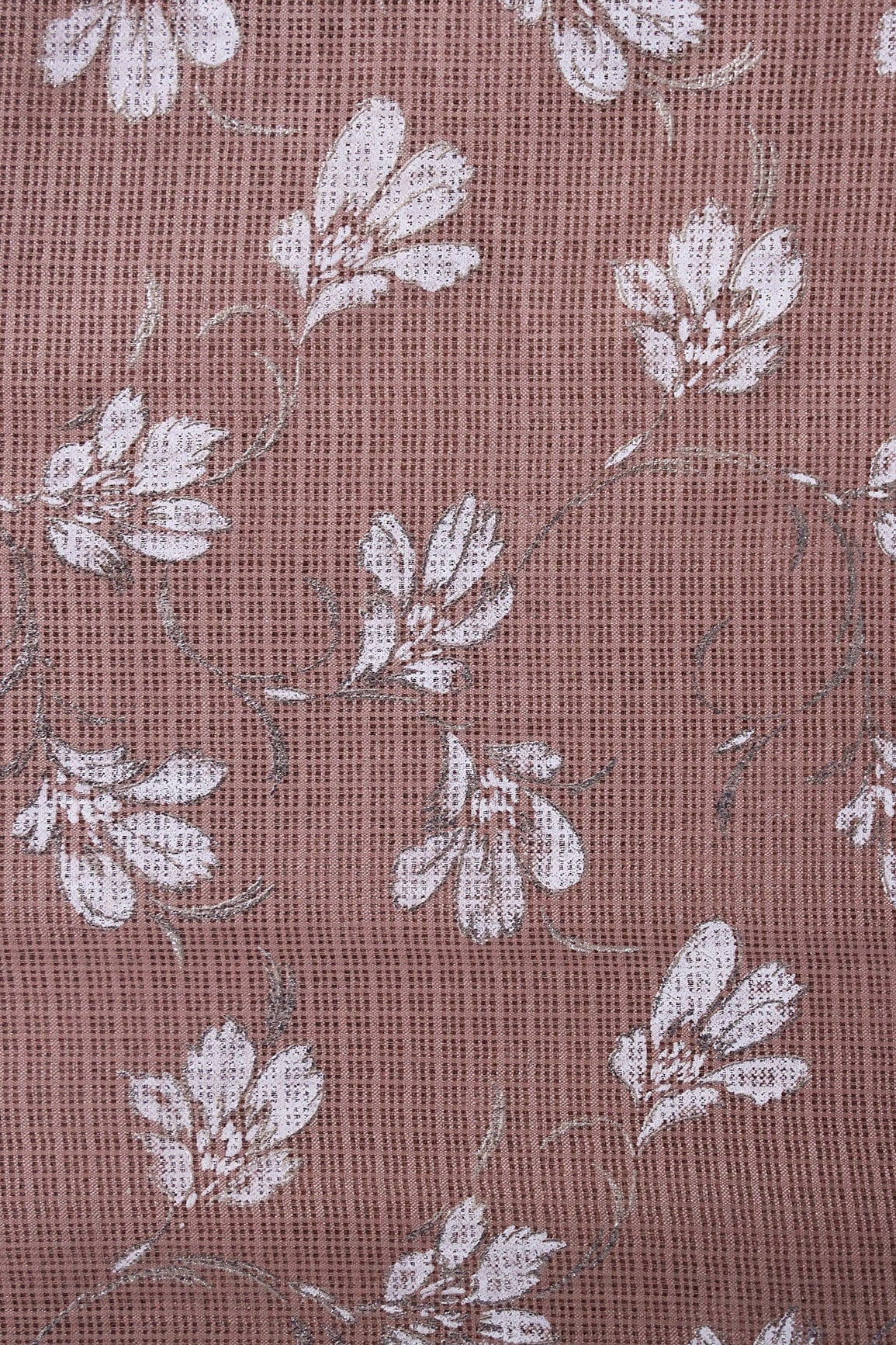 White And Light Brown Floral Foil Print Kota Doria Net Fabric - doeraa