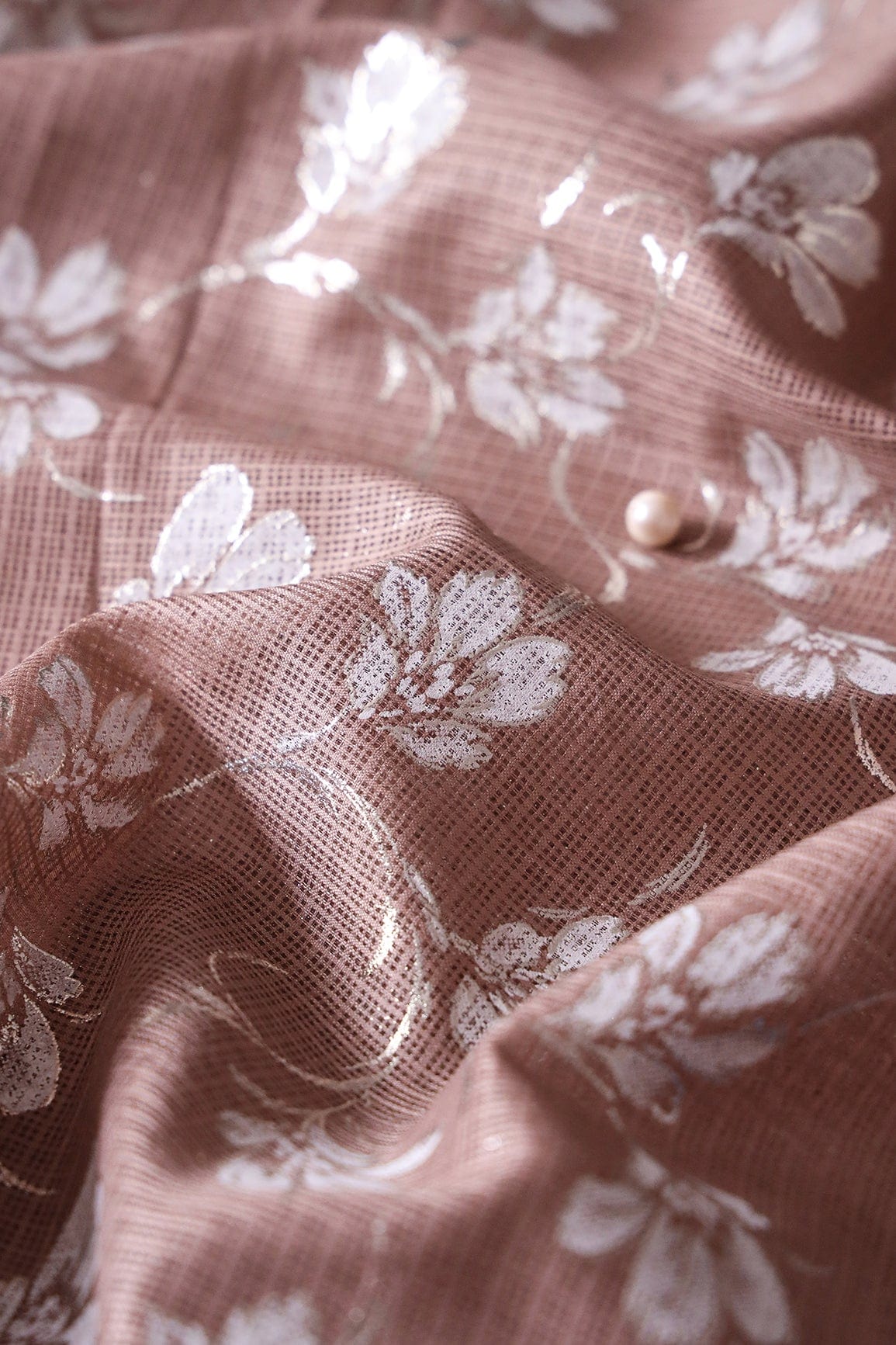 White And Light Brown Floral Foil Print Kota Doria Net Fabric - doeraa