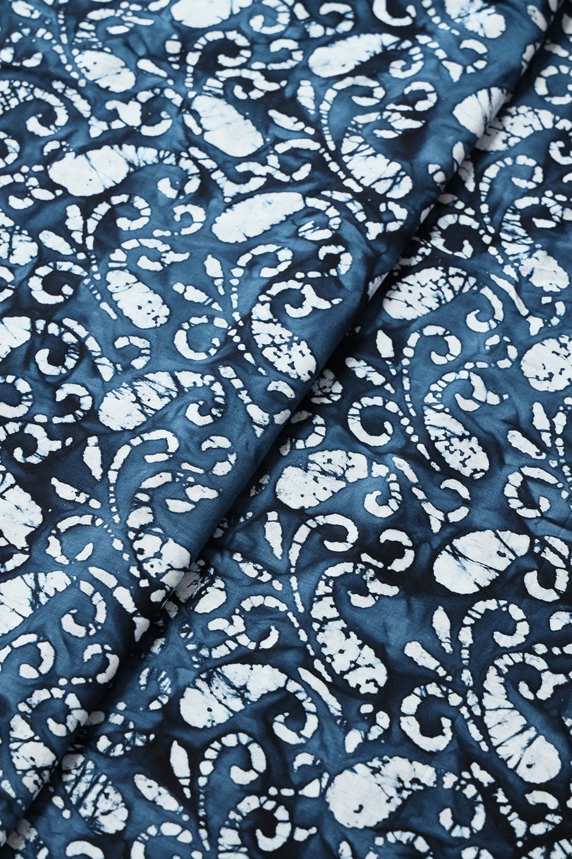 White And Navy Blue Paisley Pattern Batik Handblock Organic Cotton Fabric - doeraa