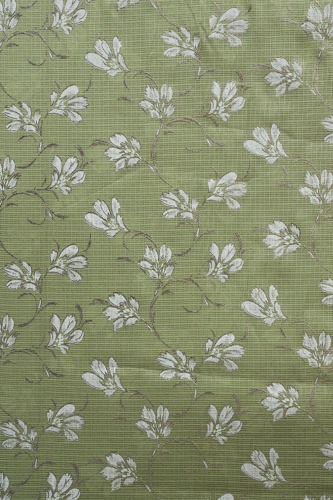 White And Olive Floral Foil Print Kota Doria Net Fabric - doeraa