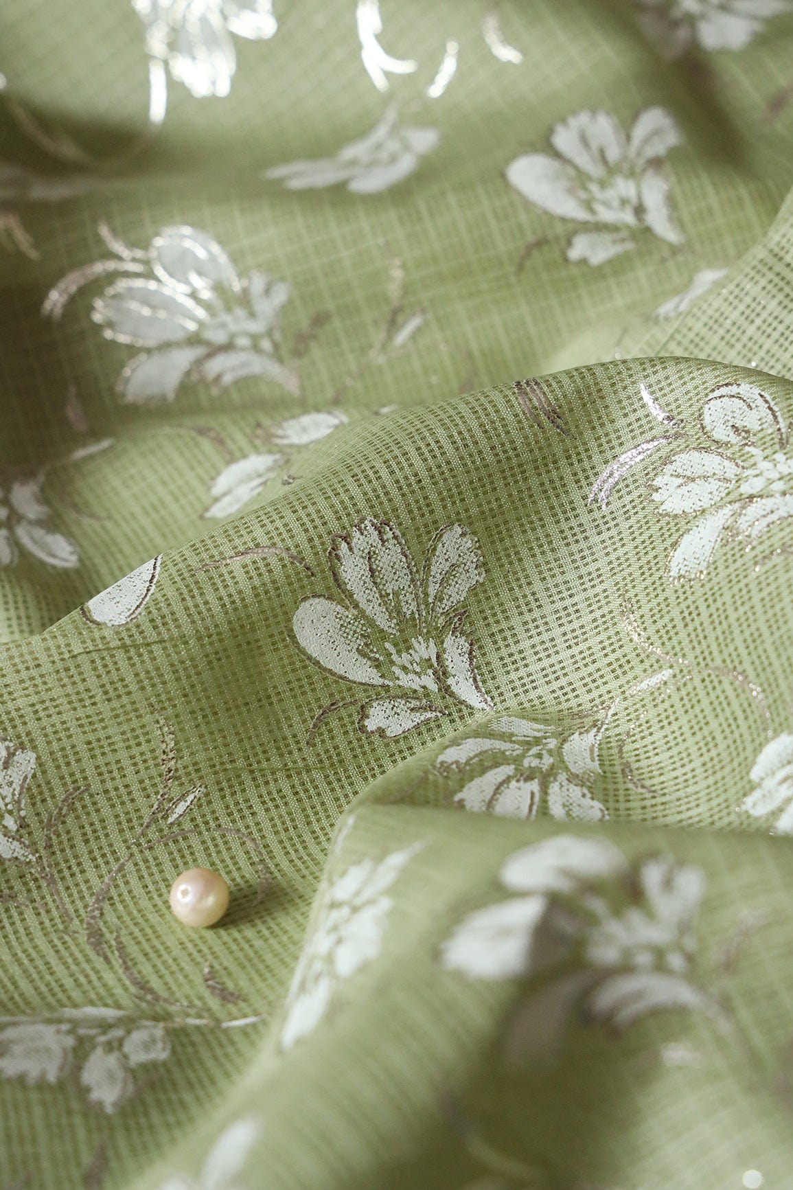 White And Olive Floral Foil Print Kota Doria Net Fabric - doeraa
