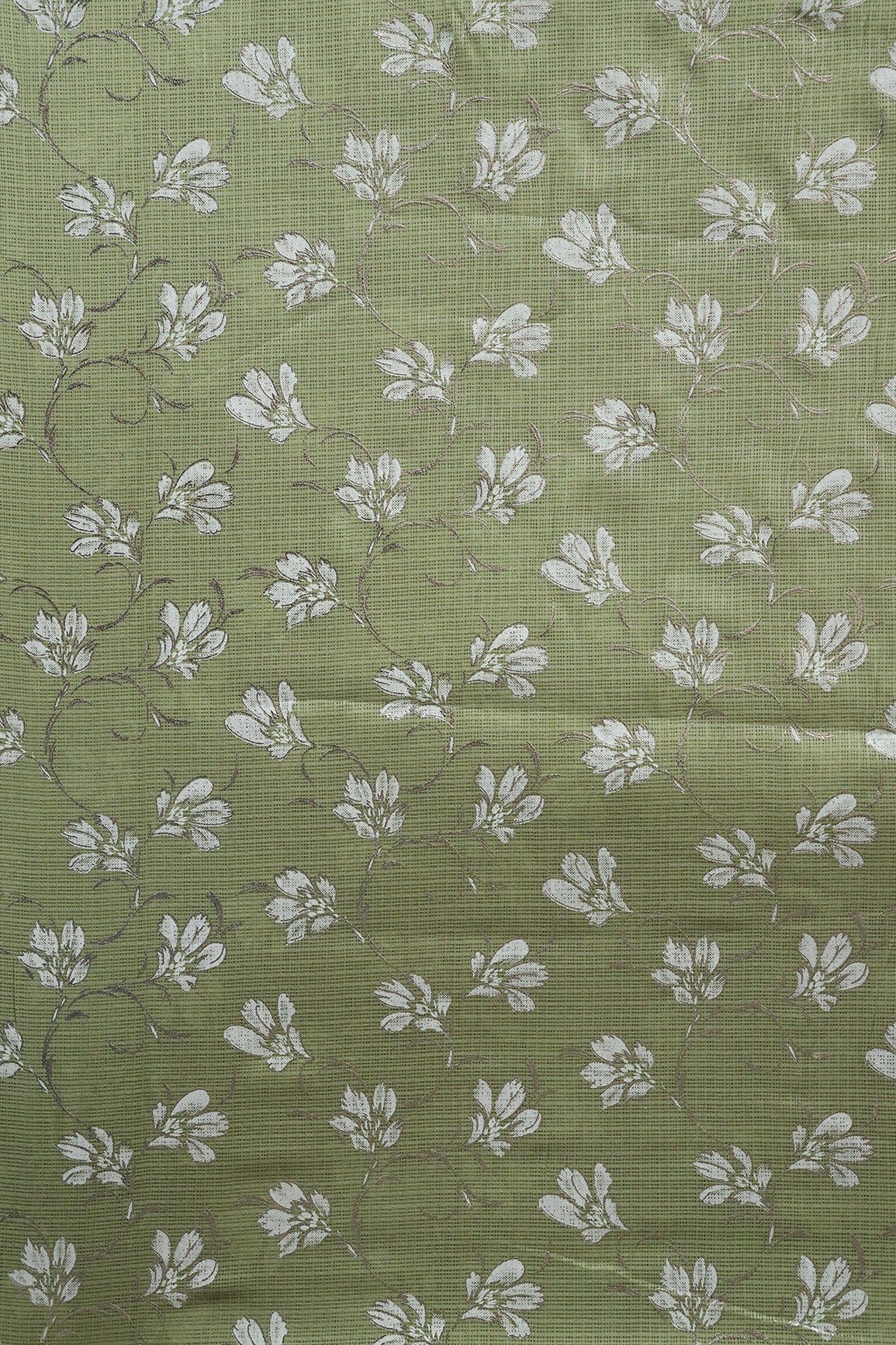 White And Olive Floral Foil Print Kota Doria Net Fabric - doeraa