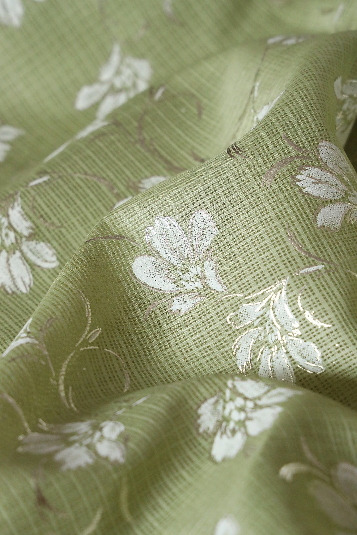White And Olive Floral Foil Print Kota Doria Net Fabric - doeraa