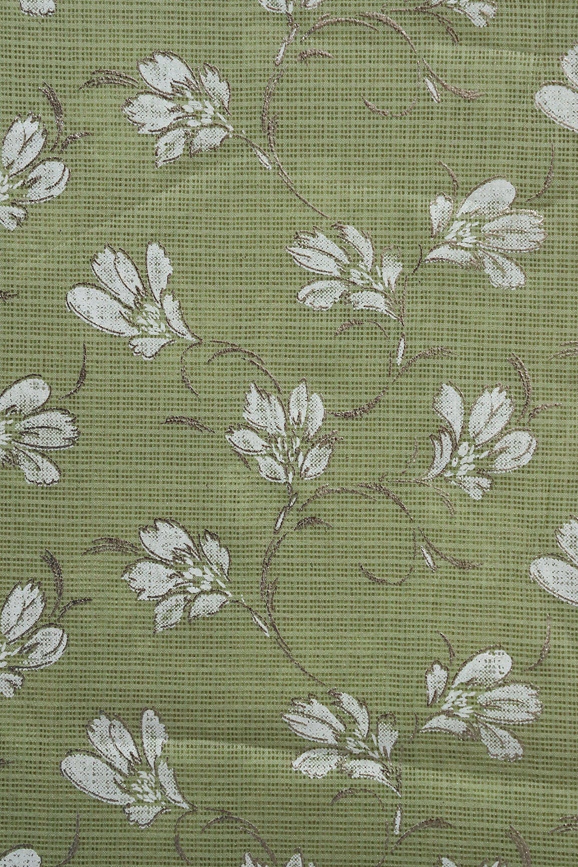 White And Olive Floral Foil Print Kota Doria Net Fabric - doeraa