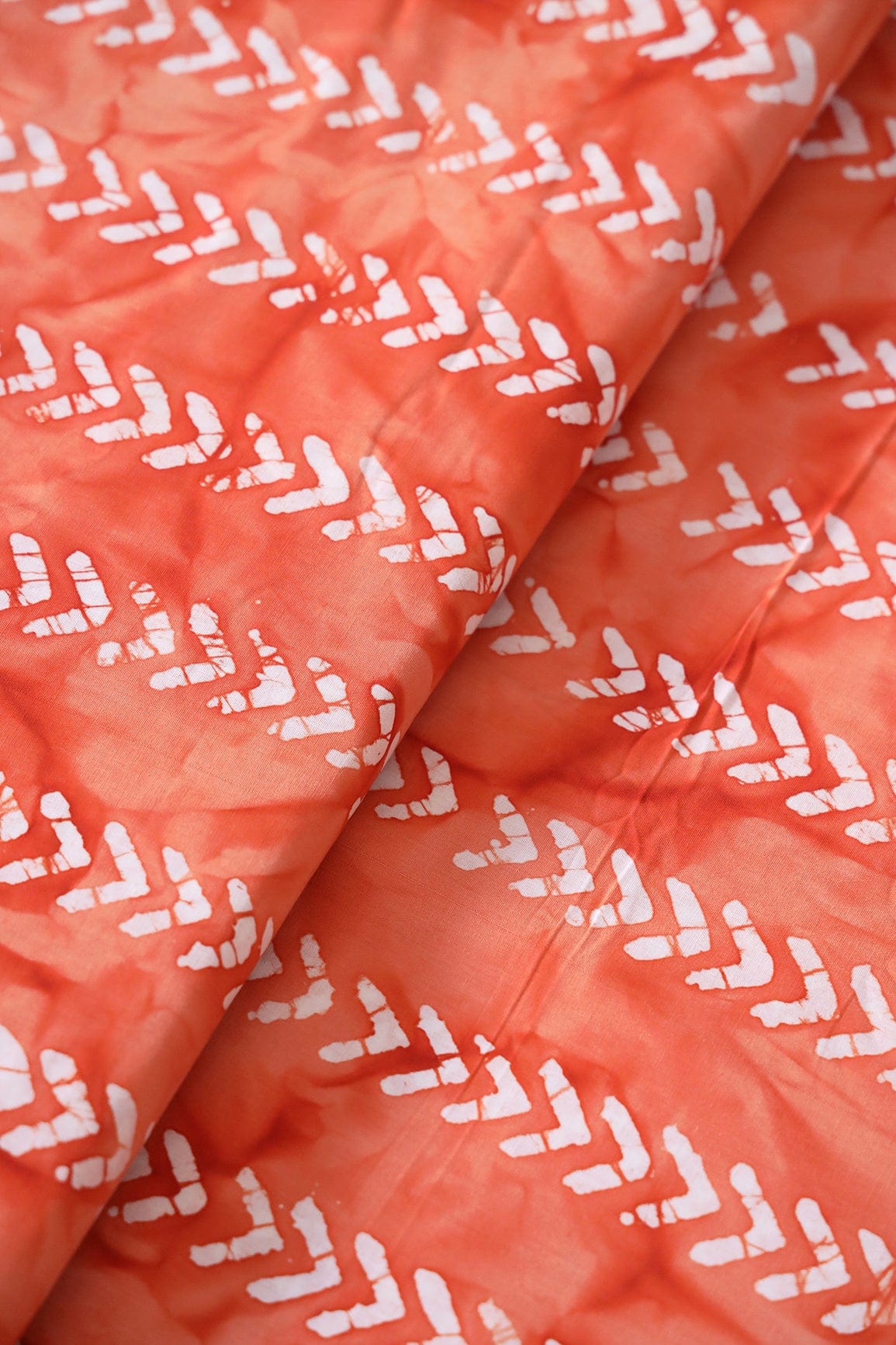 White And Orange Geometric Pattern Batik Handblock Organic Cotton Fabric - doeraa