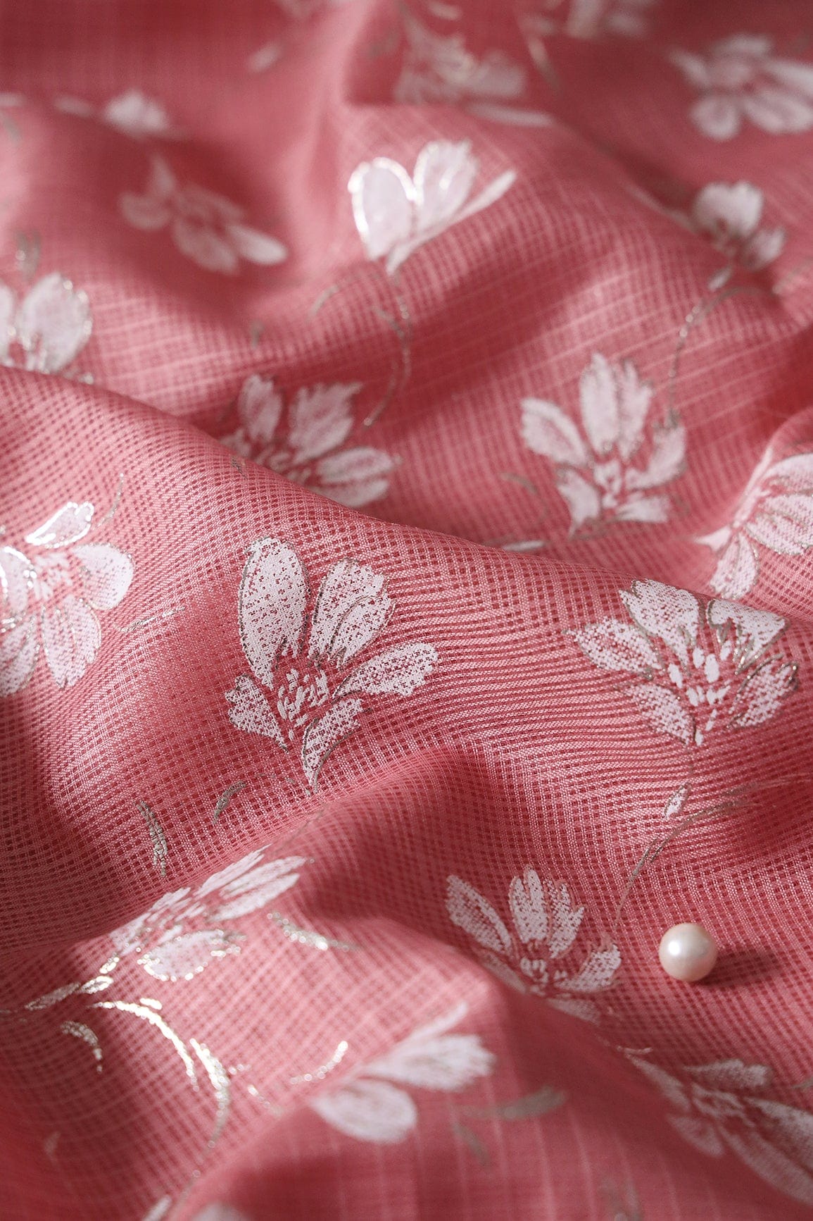 White And Peach Floral Foil Print Kota Doria Net Fabric - doeraa