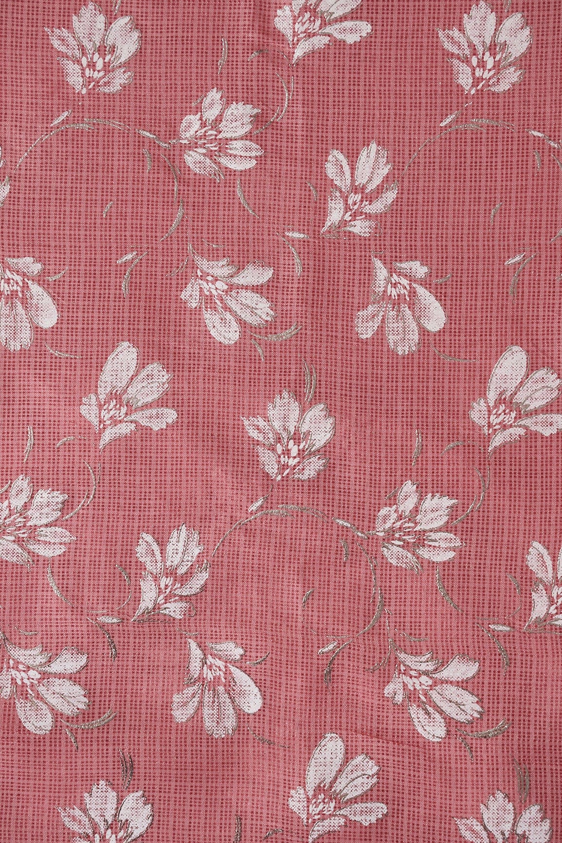White And Peach Floral Foil Print Kota Doria Net Fabric - doeraa