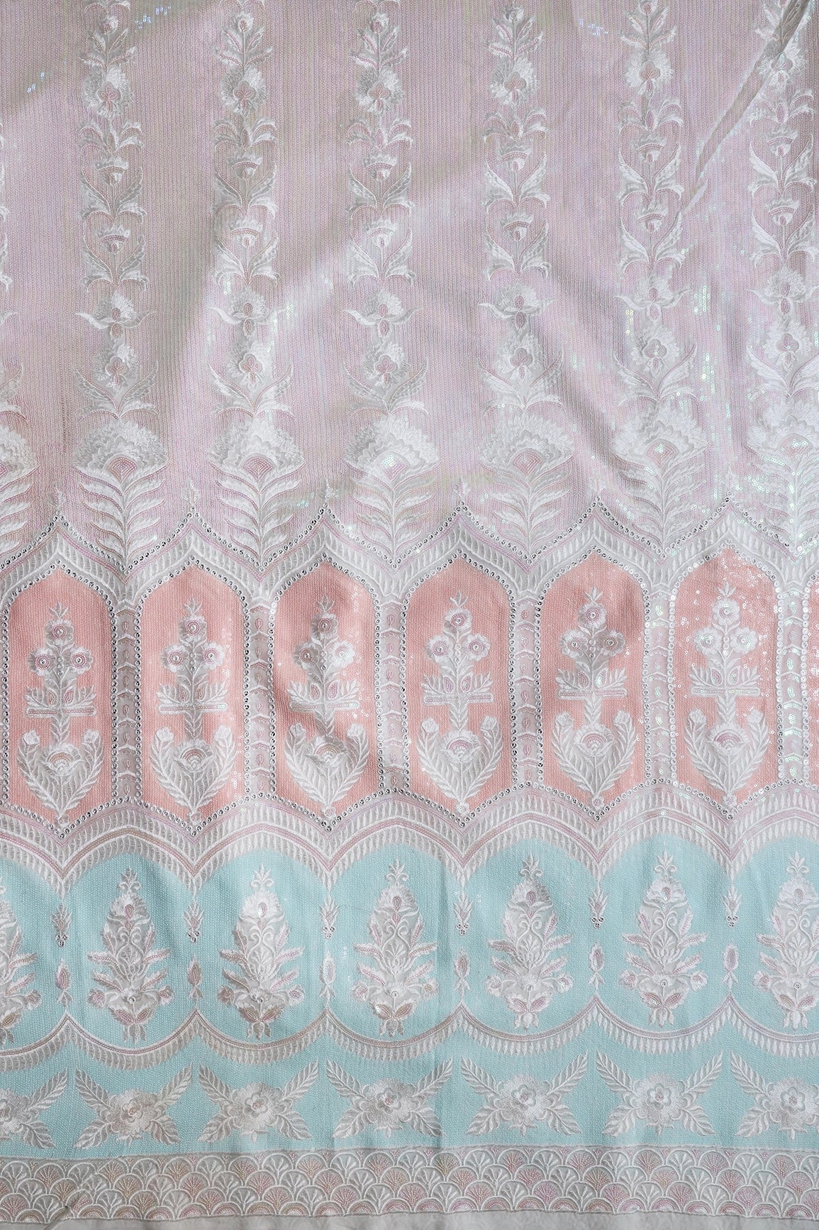 White And Peach Unstitched Lehenga Set Fabric (3 Piece) - doeraa