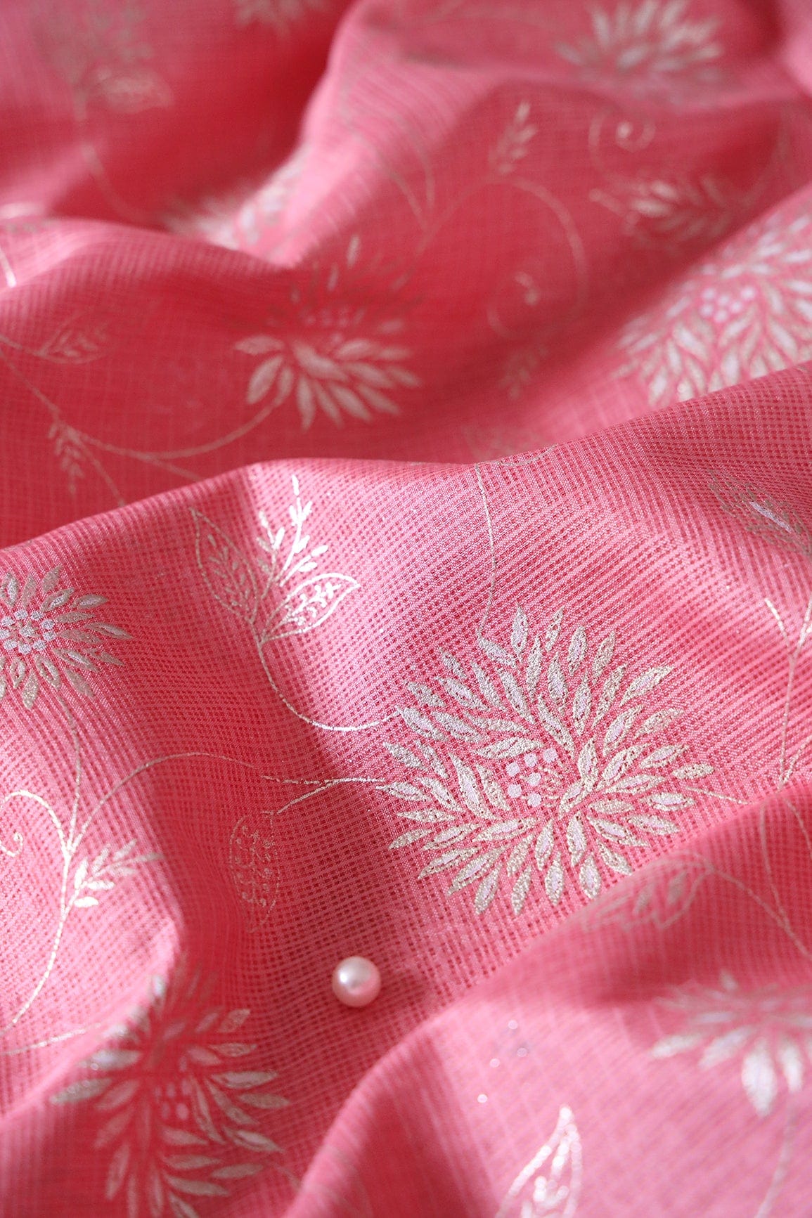 White And Pink Floral Foil Print Kota Doria Net Fabric - doeraa