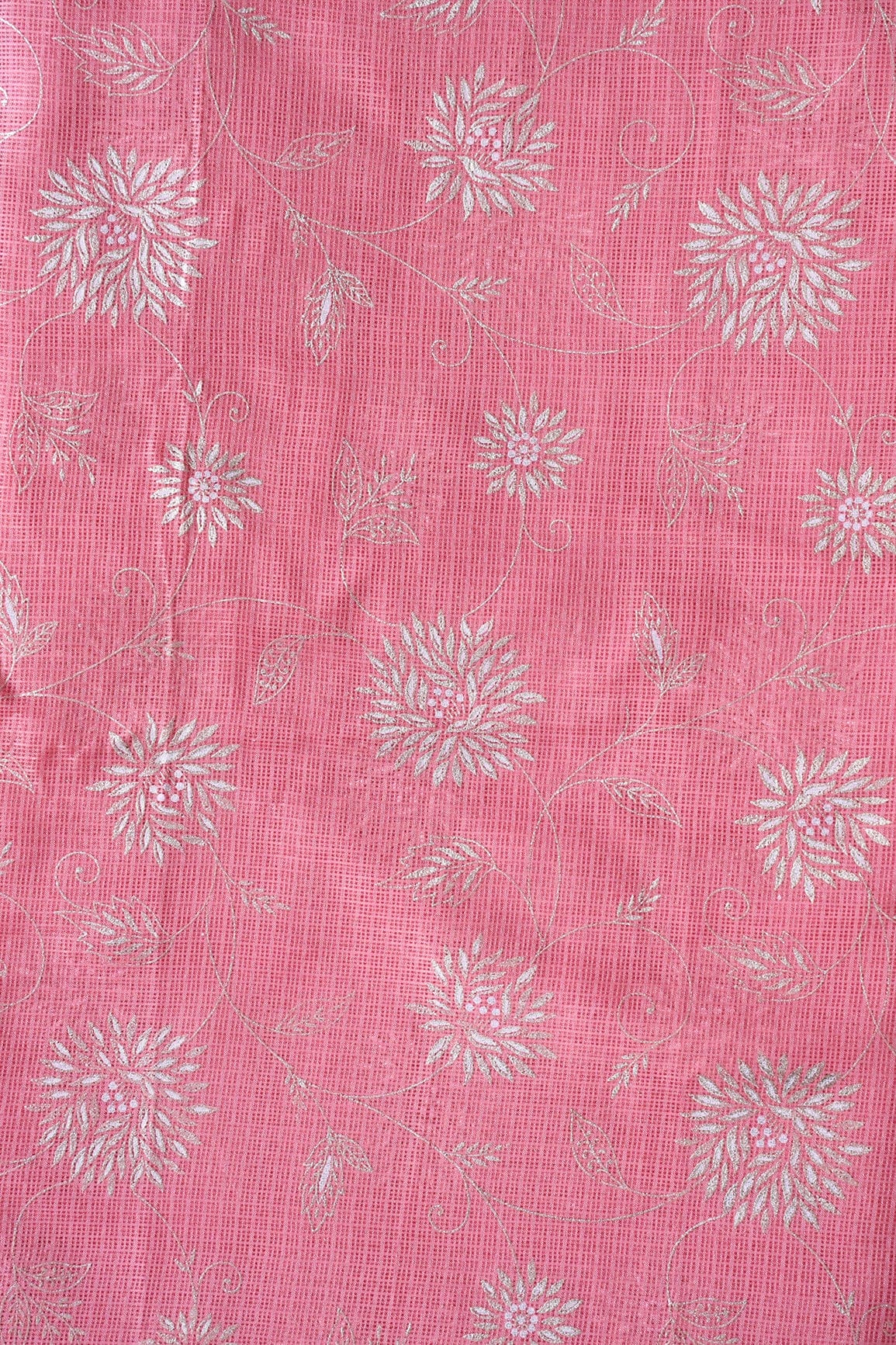 White And Pink Floral Foil Print Kota Doria Net Fabric - doeraa