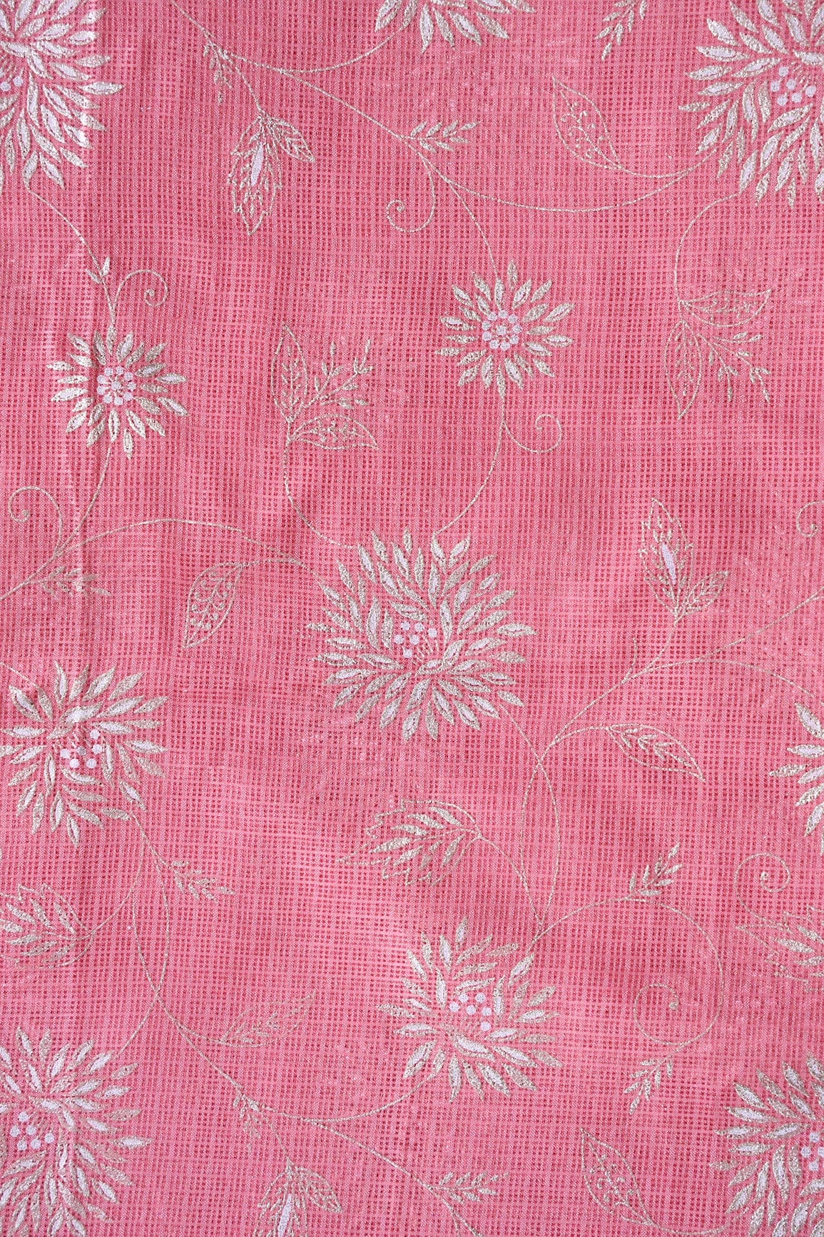 White And Pink Floral Foil Print Kota Doria Net Fabric - doeraa