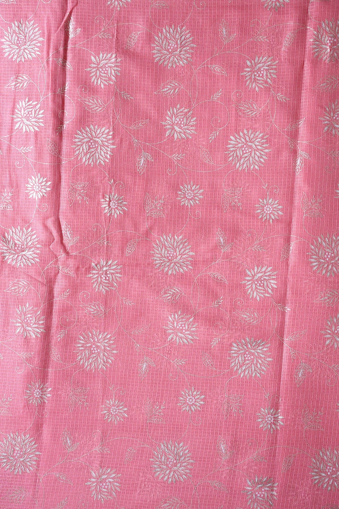 White And Pink Floral Foil Print Kota Doria Net Fabric - doeraa