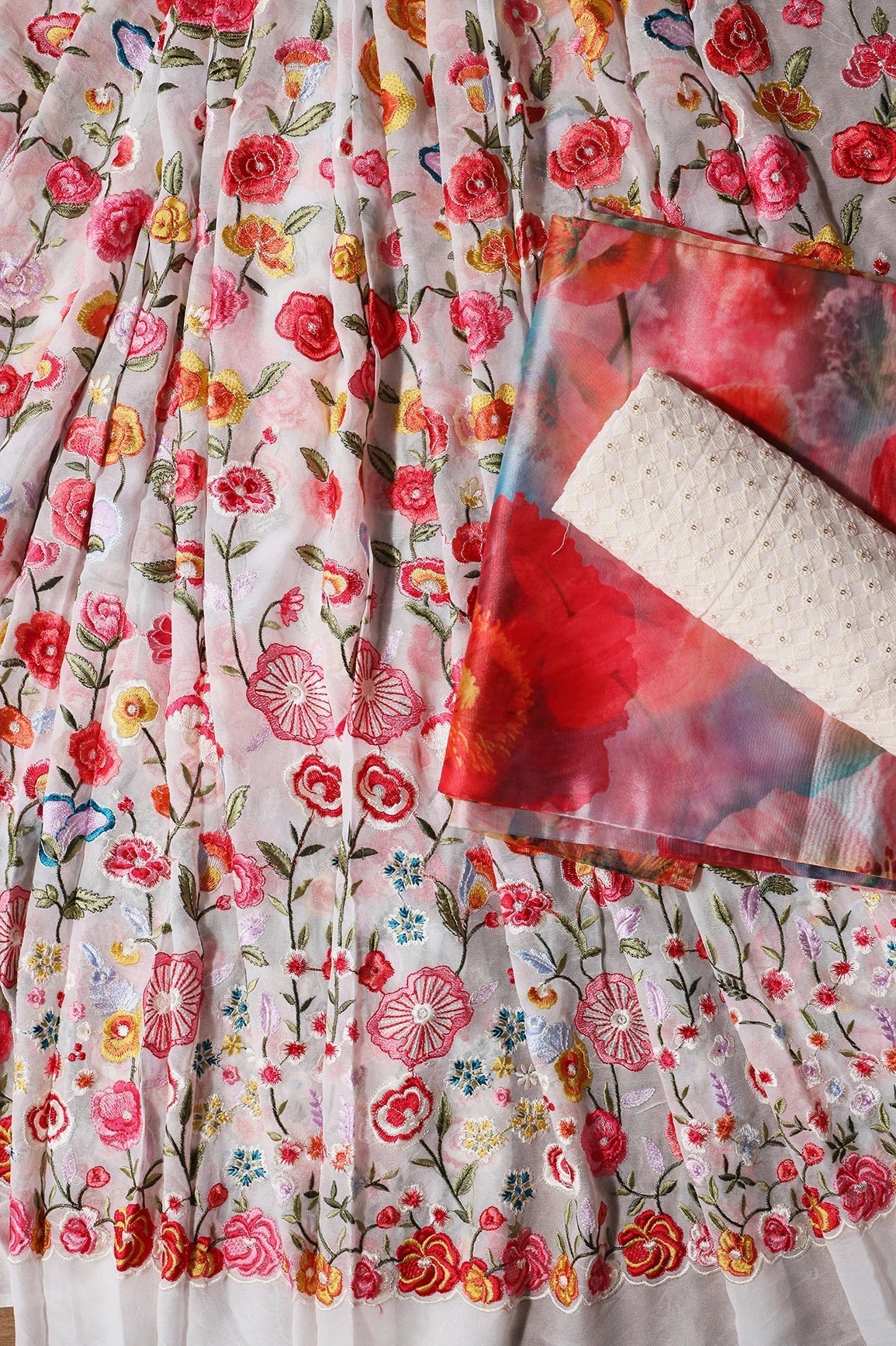 White And Pink Unstitched Lehenga Set Fabric (3 Piece) - doeraa