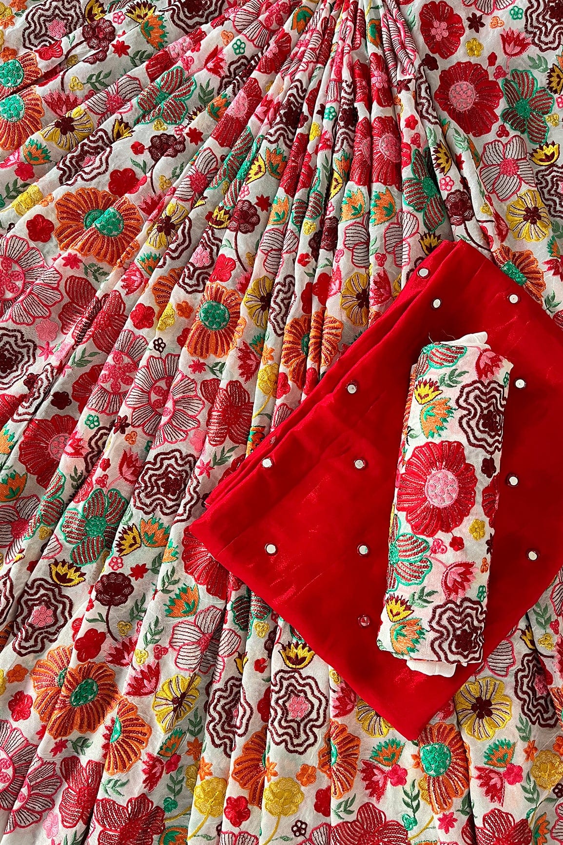 White And Red Unstitched Lehenga Set Fabric (3 Piece) - doeraa