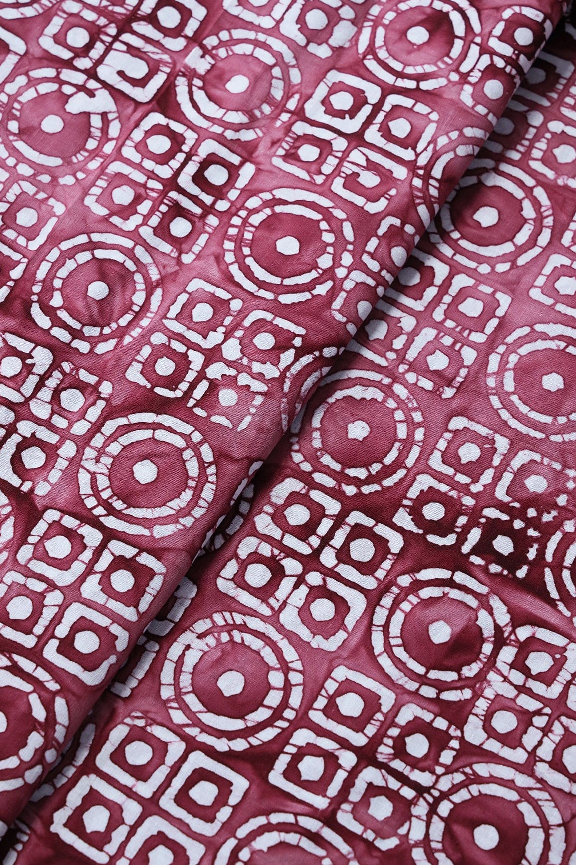 White And Rouge Pink Geometric Pattern Batik Handblock Organic Cotton Fabric - doeraa
