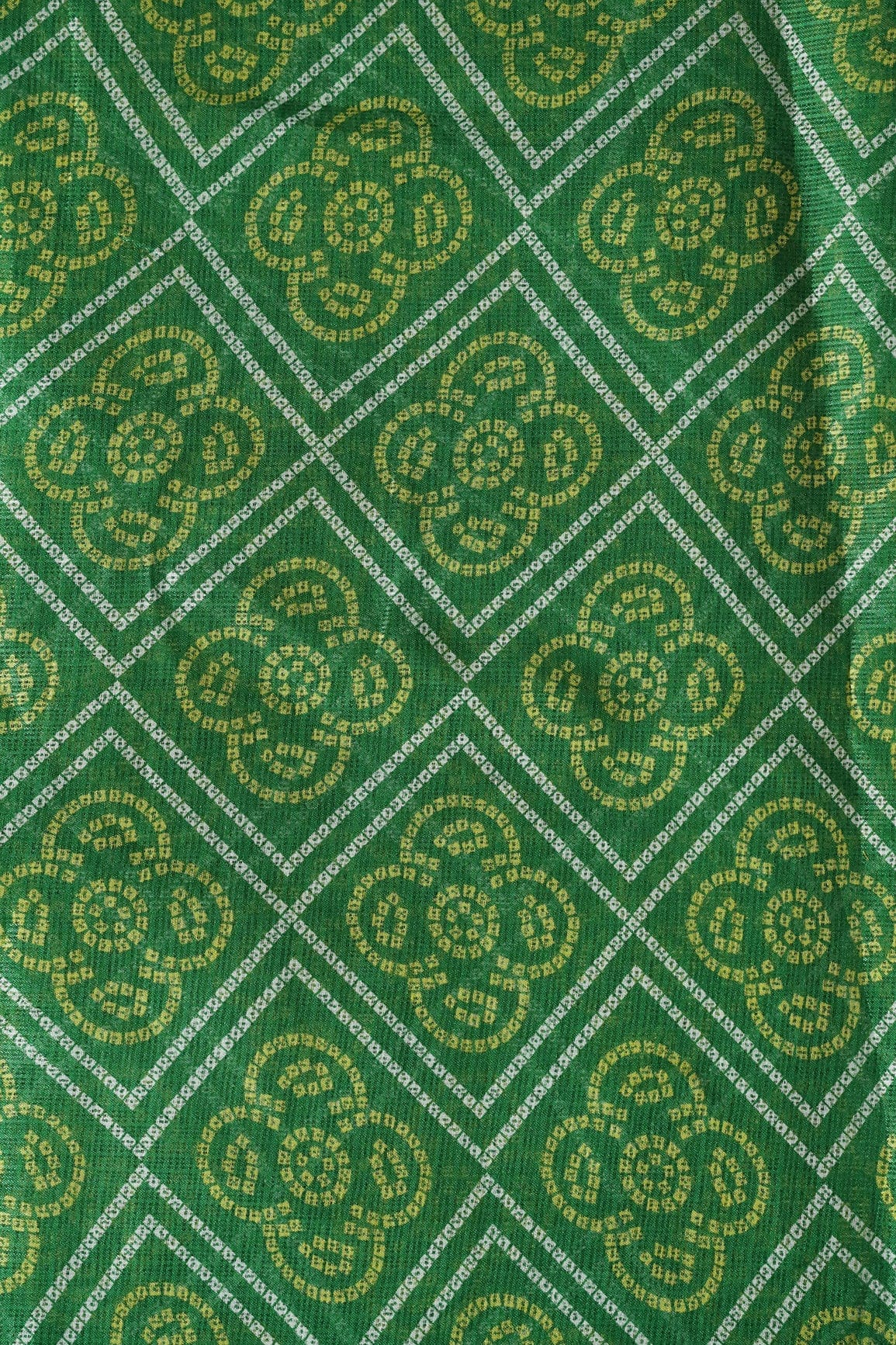 White And Yellow Bandhani Print On Green Kota Doria Fabric - doeraa