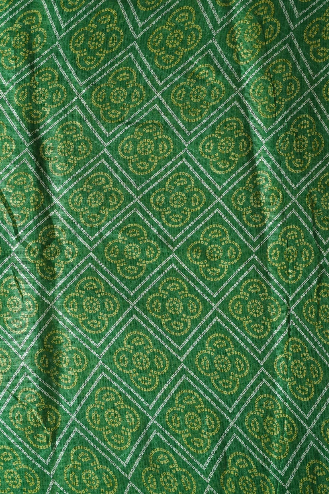 White And Yellow Bandhani Print On Green Kota Doria Fabric - doeraa