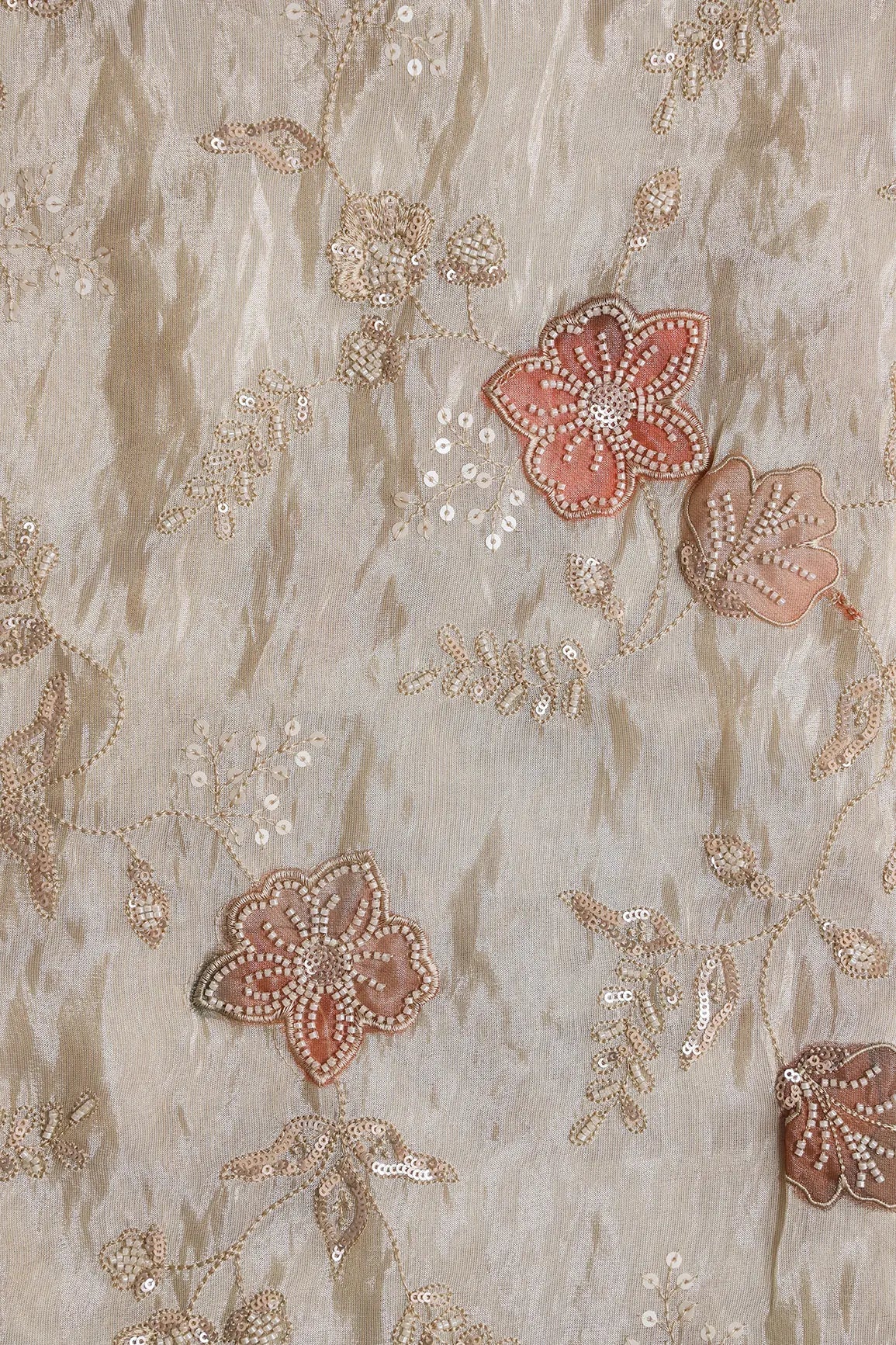 White Beads With Sequins Floral Embroidery On Dyeable Viscose Zari Tissue Fabric - doeraa