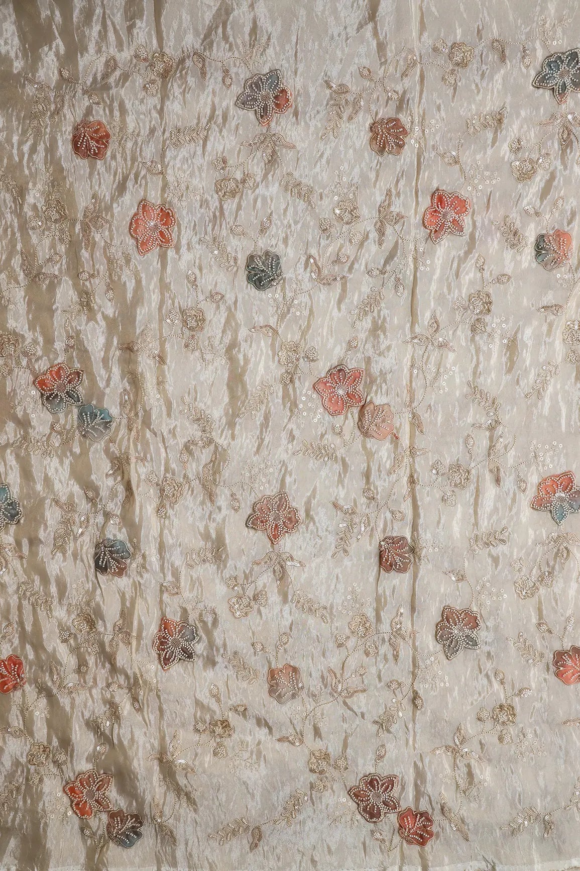 White Beads With Sequins Floral Embroidery On Dyeable Viscose Zari Tissue Fabric - doeraa