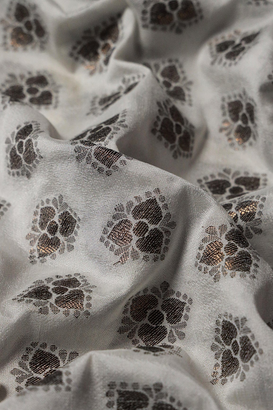 White Floral Booti Pure Crepe Taspa Dyeable Banarasi Silk Jacquard Fabric - doeraa