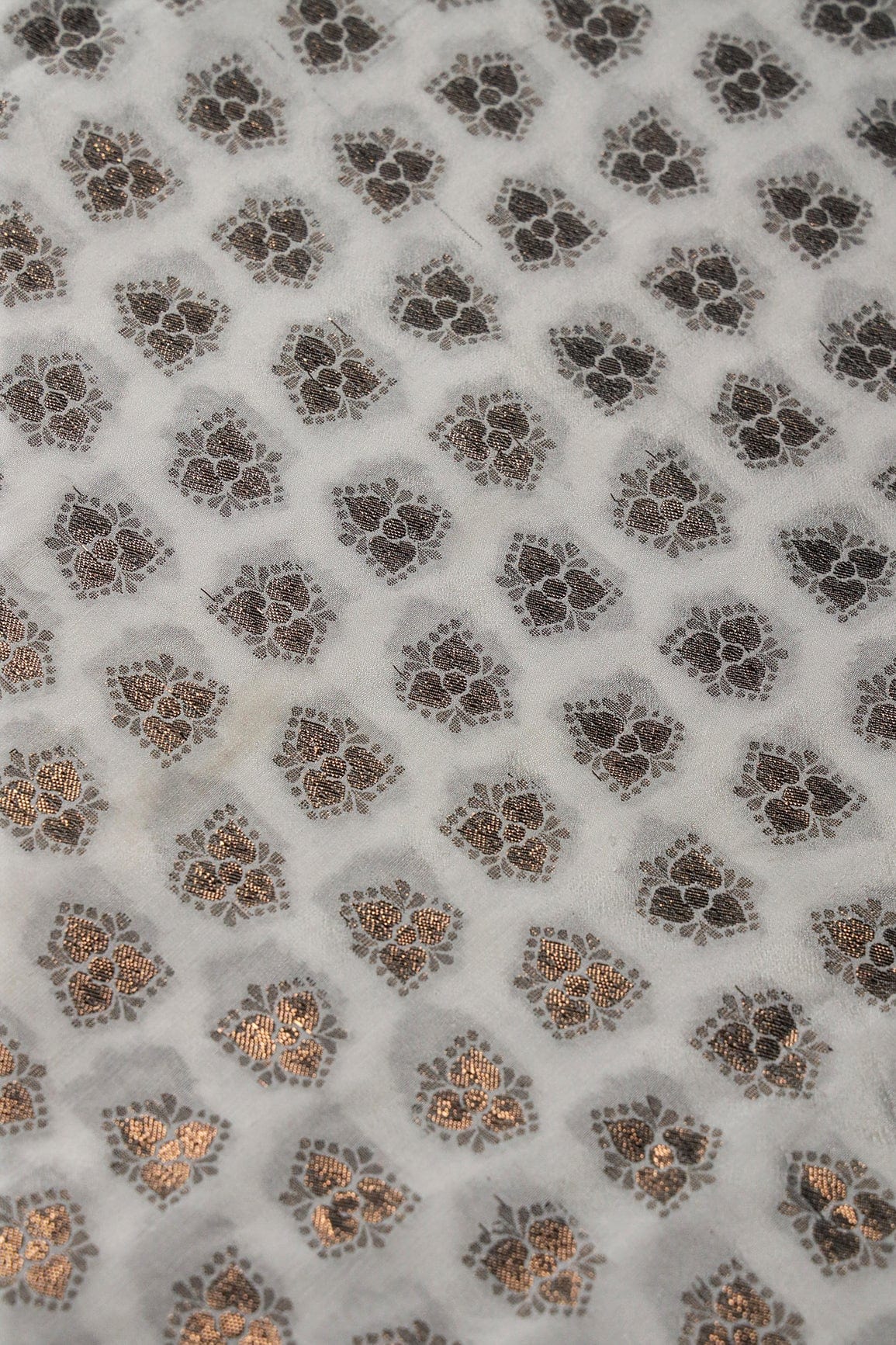 White Floral Booti Pure Crepe Taspa Dyeable Banarasi Silk Jacquard Fabric - doeraa